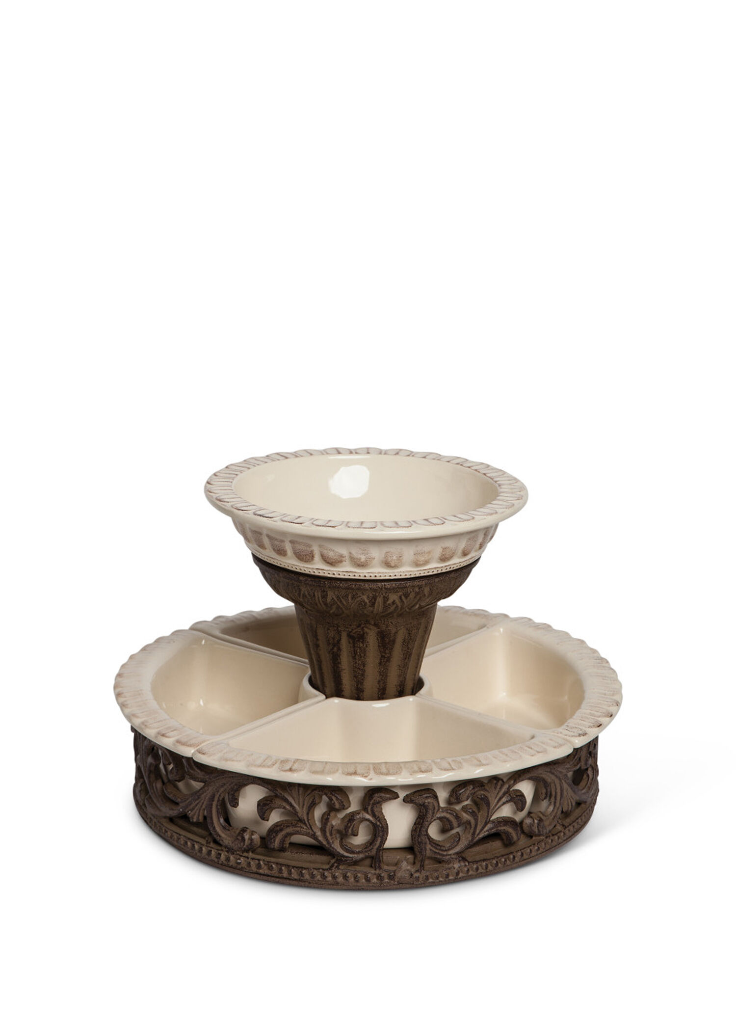 Acanthus Crudite Holder Krem Rengi Seramik Bölmeli Dekoratif Sunumluk 45 x 42 cm