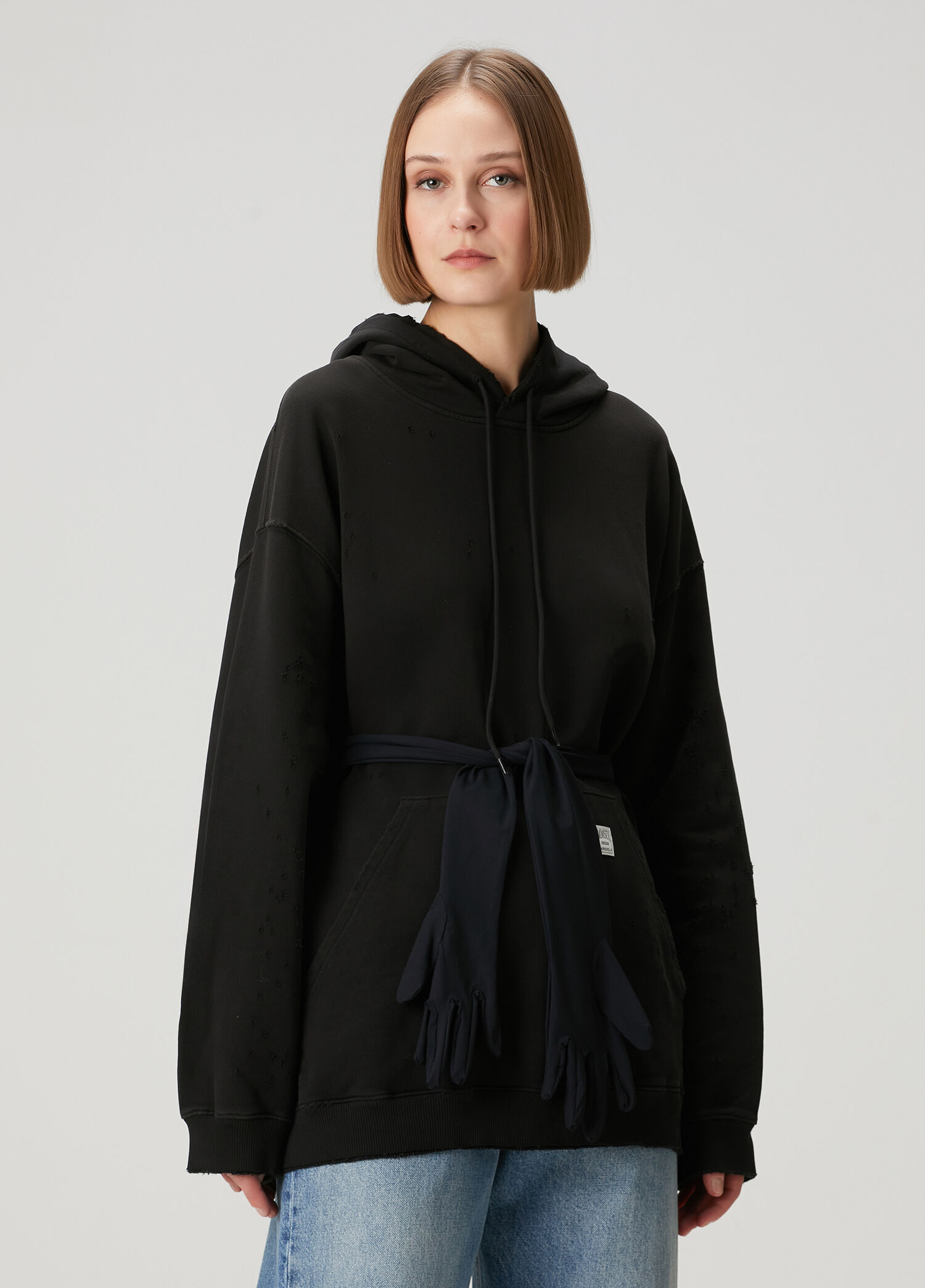 Siyah Eldiven Kemerli Sweatshirt