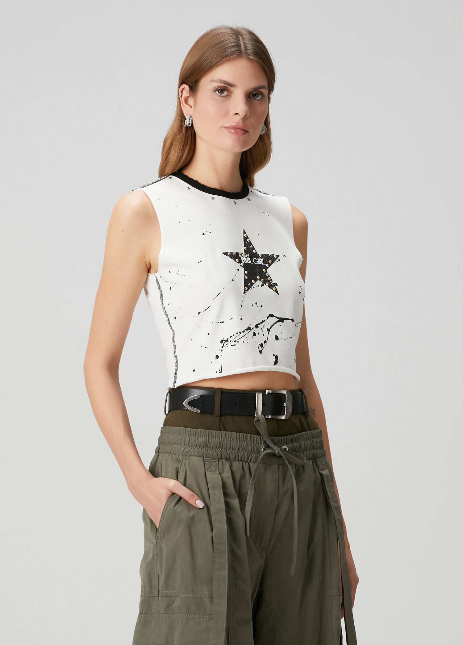 Beyaz Baskılı Kolsuz T-shirt