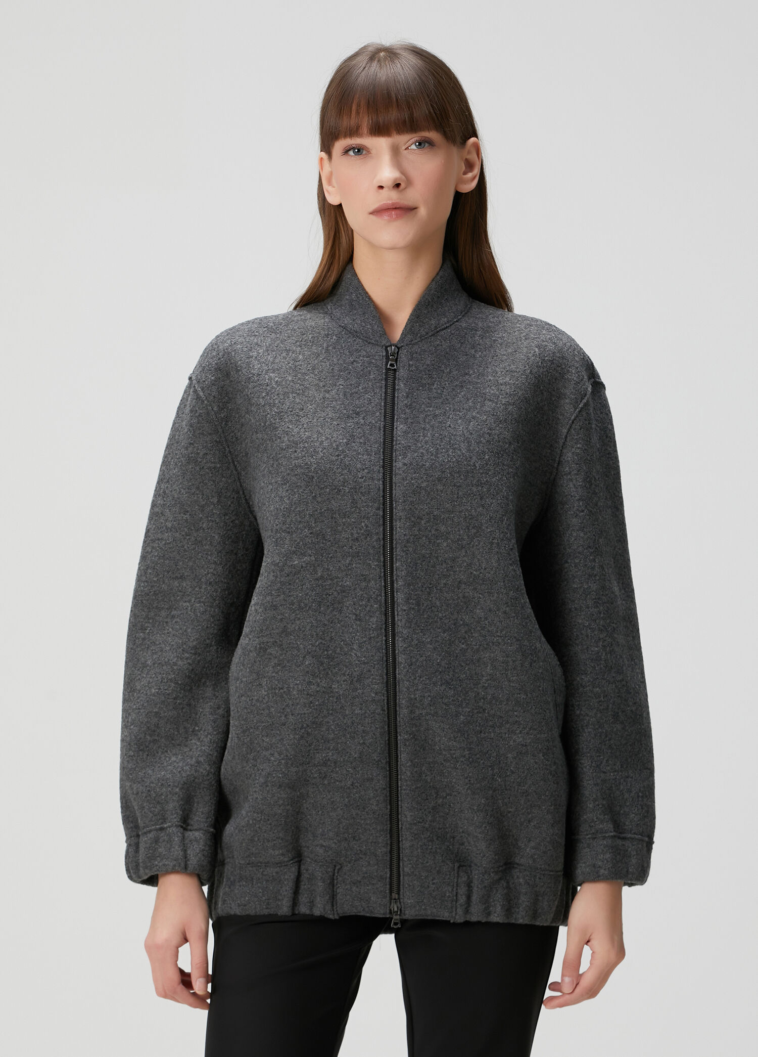 Gri Oversize Bomber Yün Palto