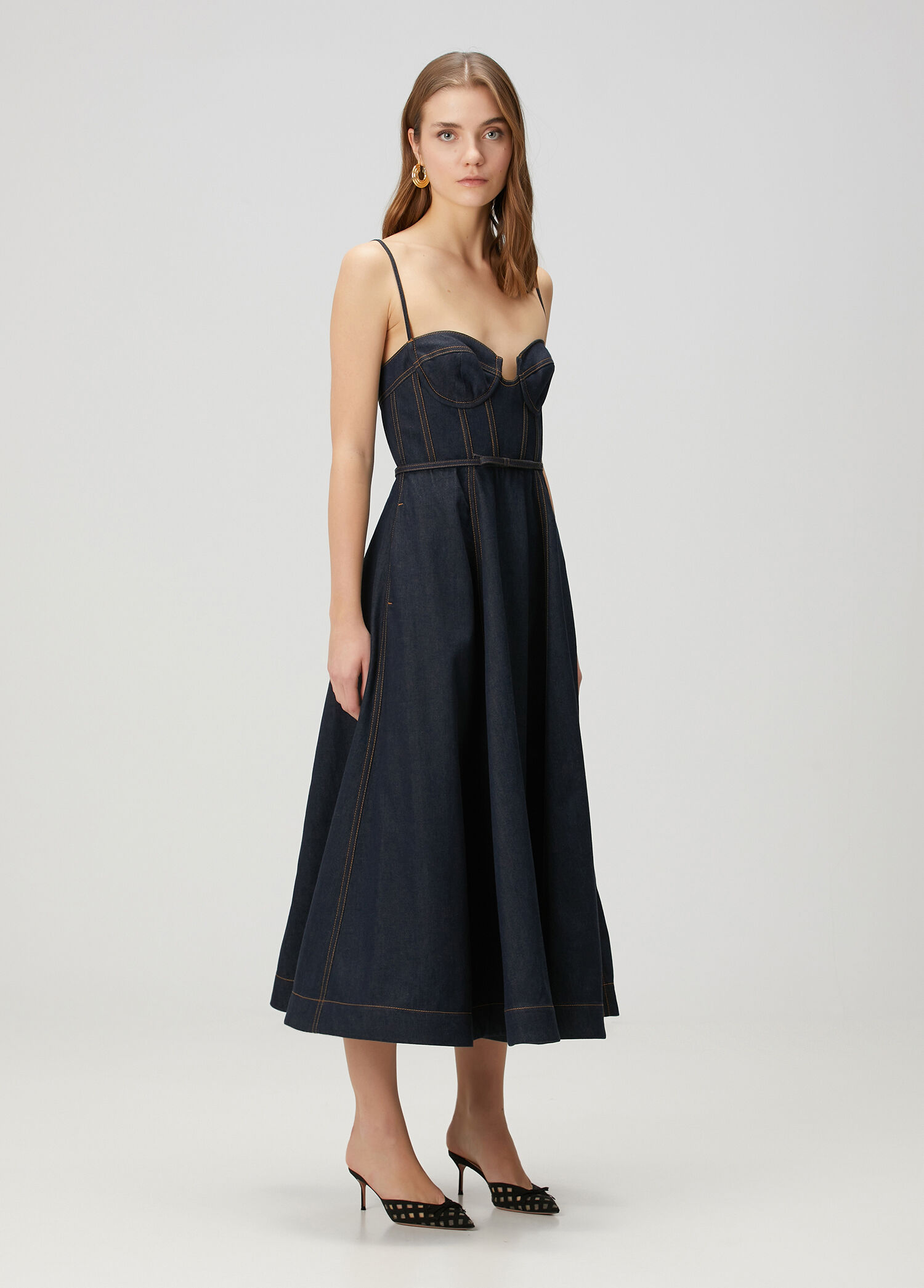 Zimmermann - Crush Corset Midi Denim Elbise - Gece Mavisi
