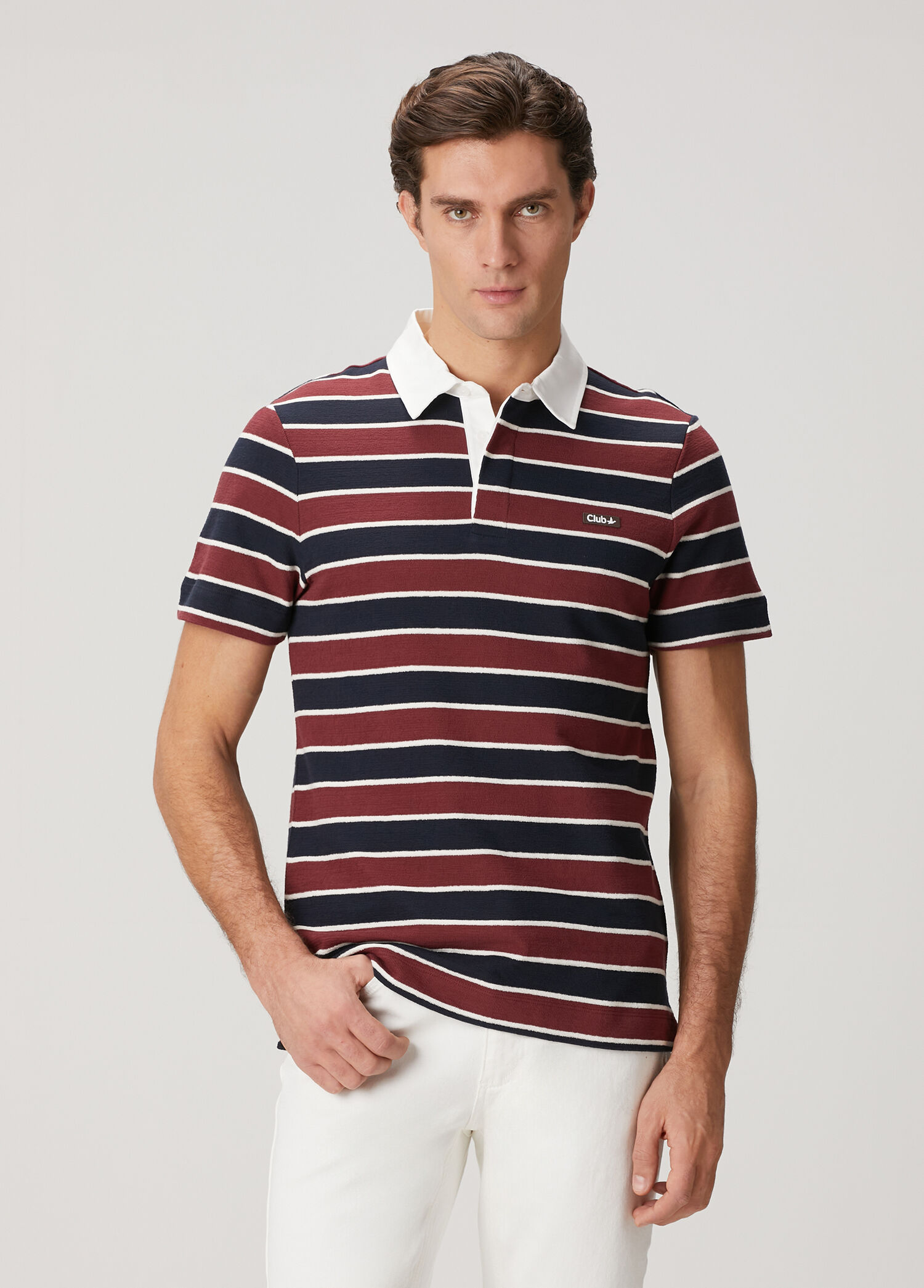 Slim Fit Bordo Lacivert Çizgili Polo T-shirt