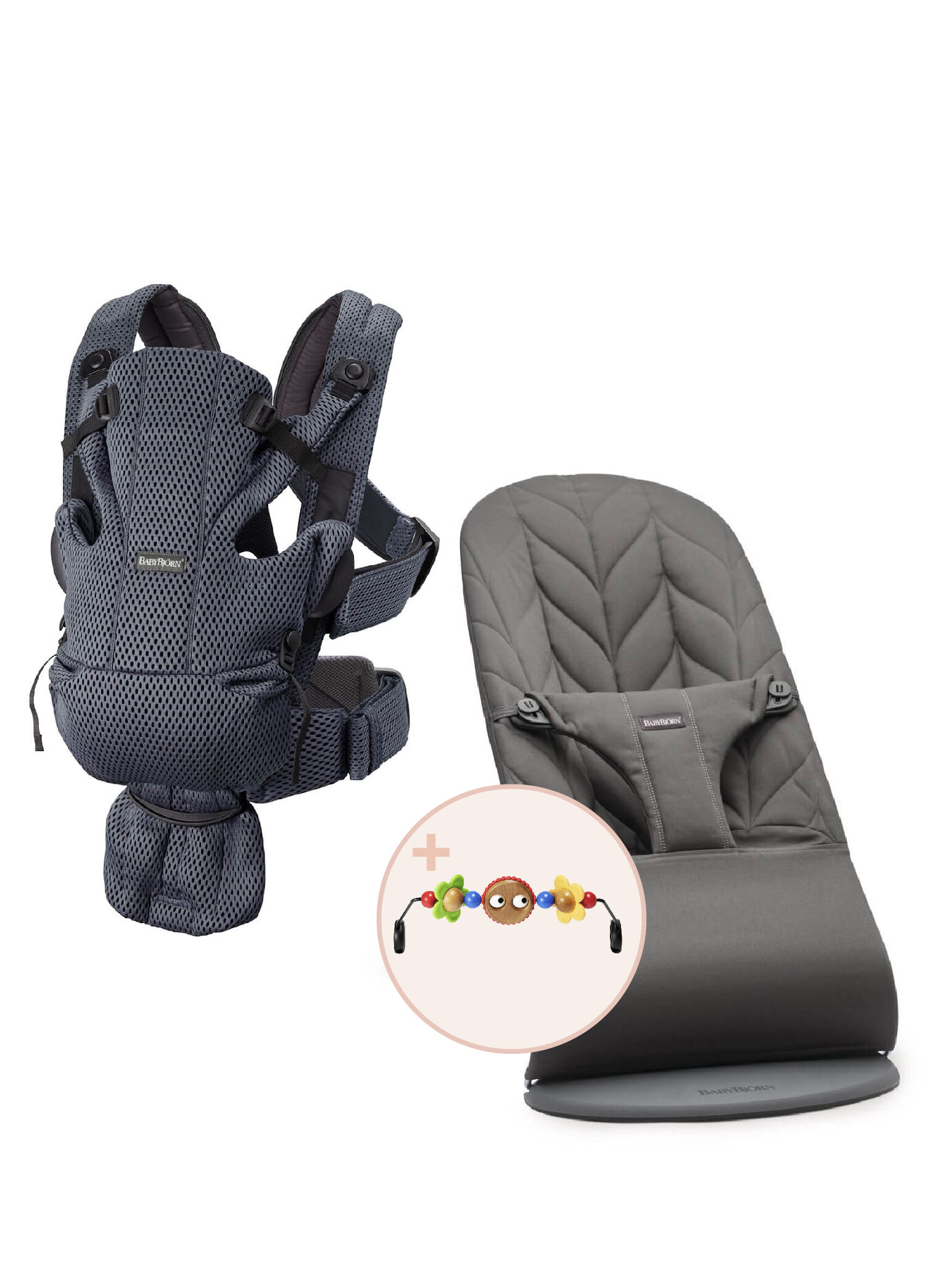 Babybjörn Bliss Anthracite Petal Cotton Oyuncaklı Sallanan 3 Kademeli 3,5 – 13 kg Ana Kucağı ve Move 3D Mesh 3,2kg – 12 kg Kanguru Seti