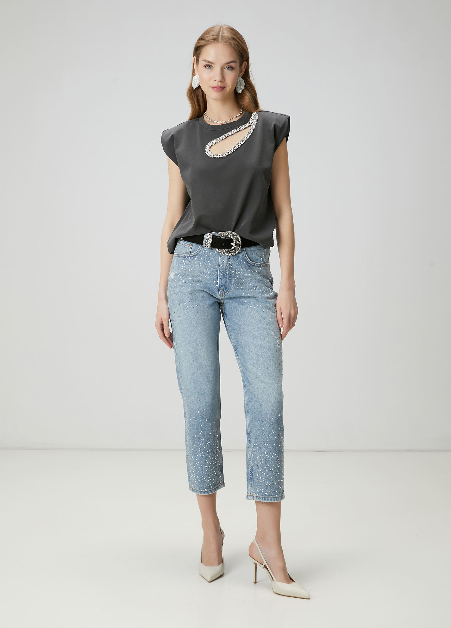Mavi Taşlı Slouchy Jean Pantolon_1