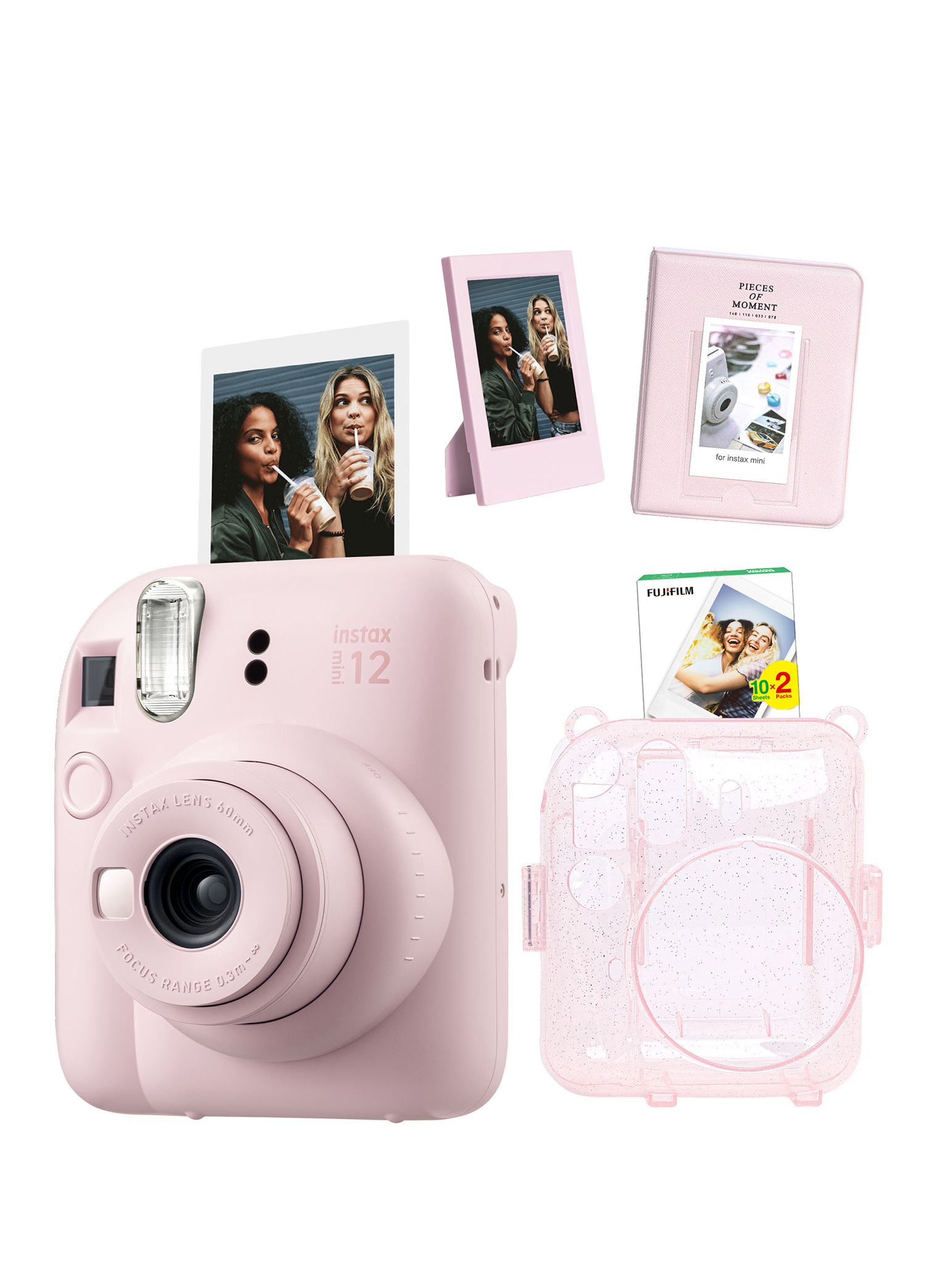 Instax Mini 12 Pembe Fotoğraf Makinesi + 20'li Film Simli Pleksi Kılıf Pvc Albüm ve Çerçeveli Hediye Seti