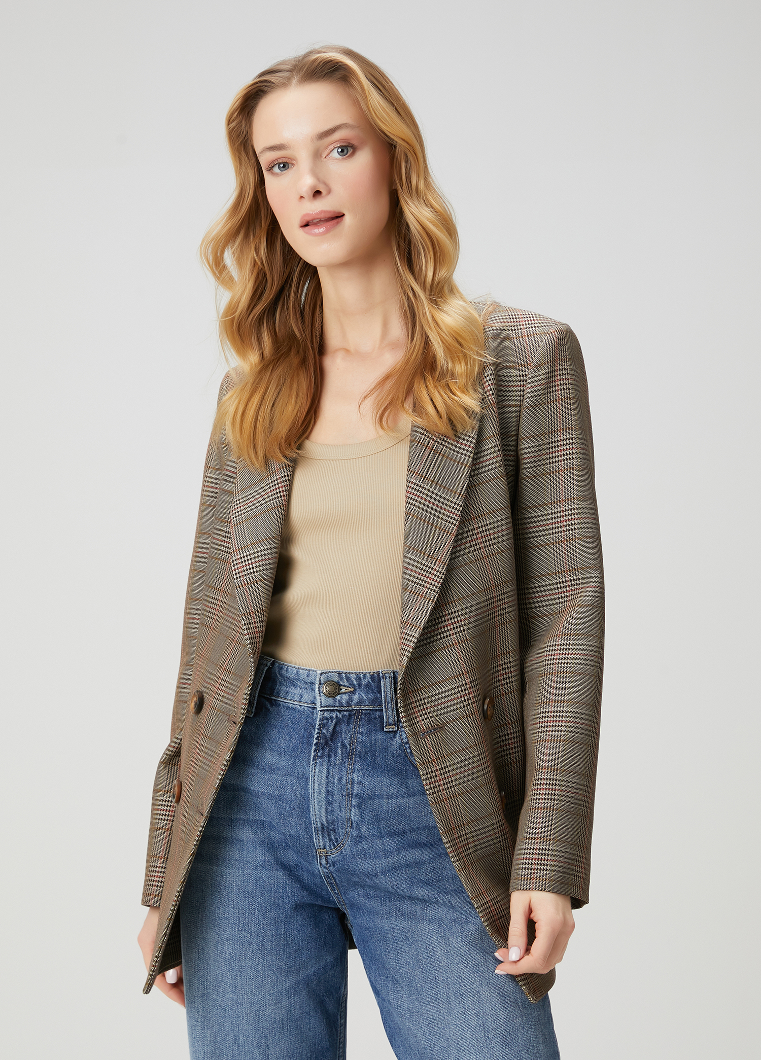 Kamel Ekose Desenli Yün Kruvaze Blazer_4