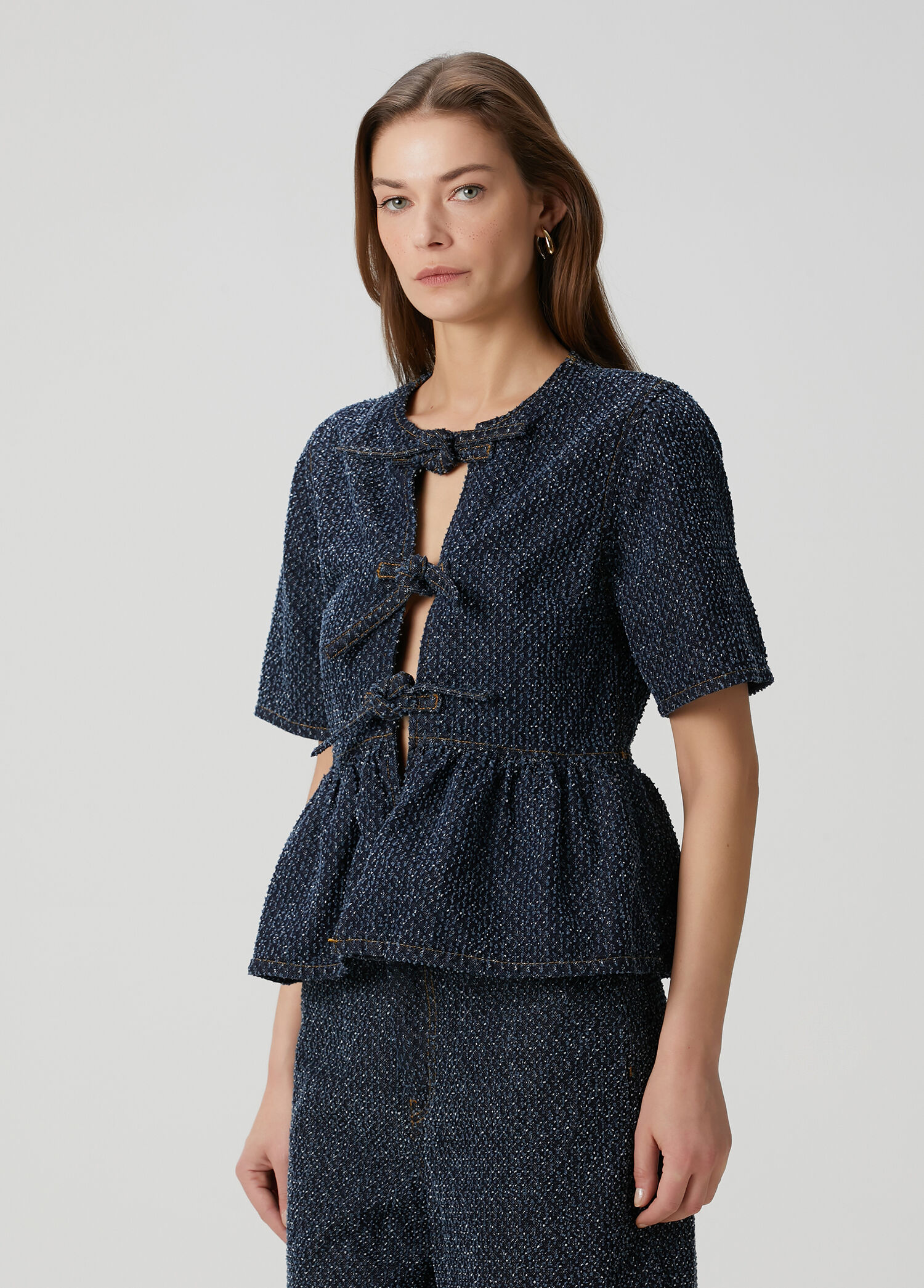 Lacivert Fiyonk Detaylı Denim Bluz