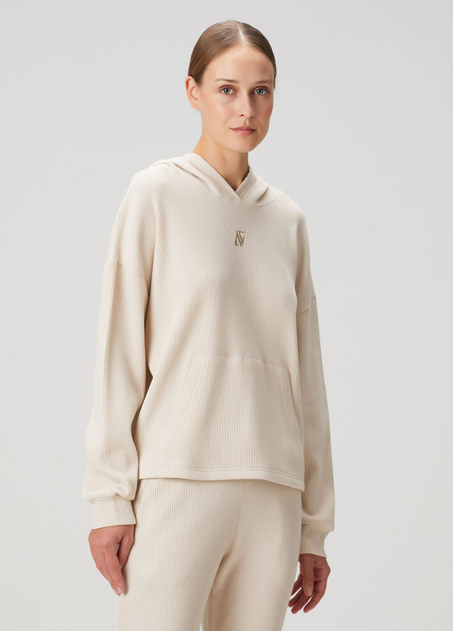 Waffle Bej Kapüşonlu Kadın Oversize Sweatshirt