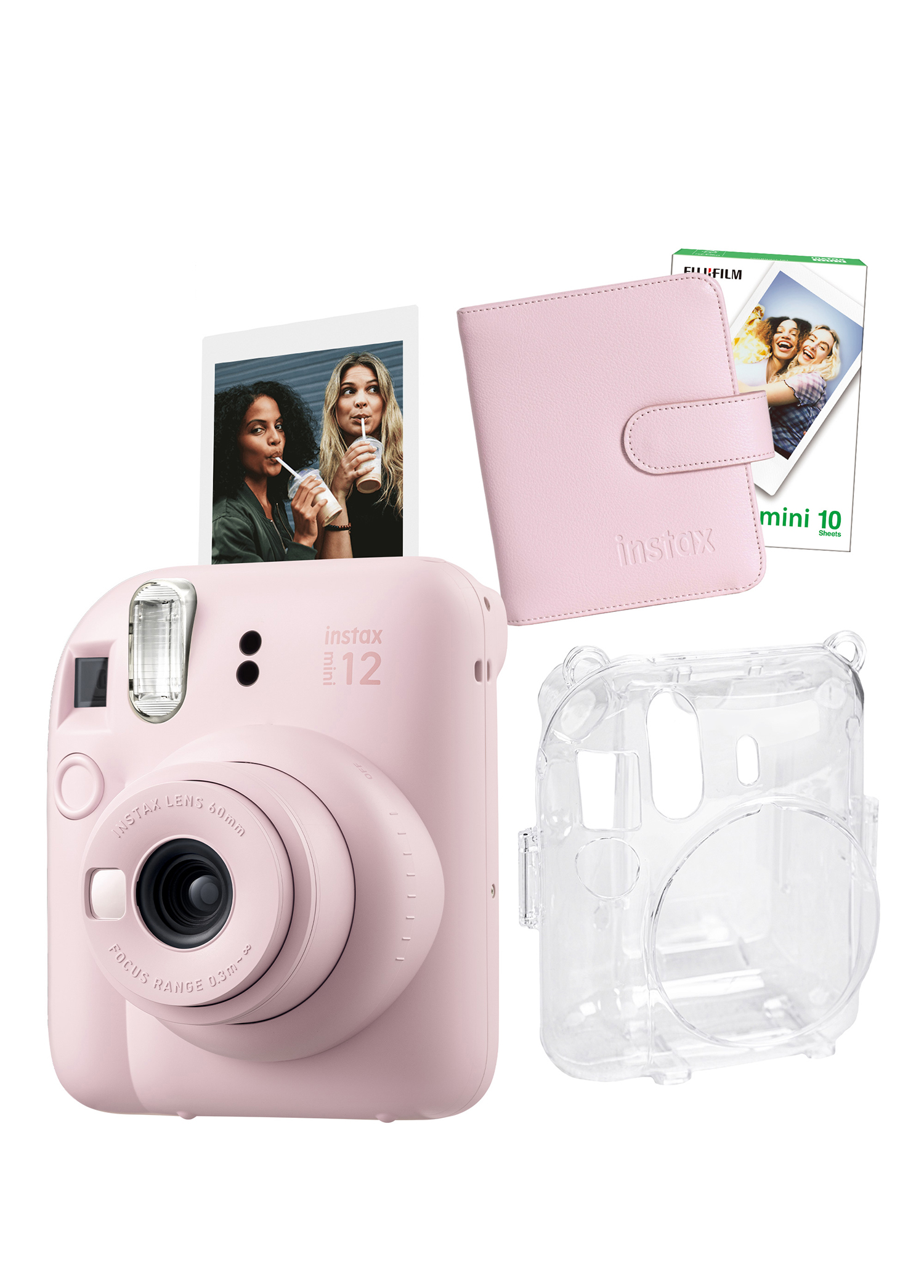 Instax Mini 12 Pembe Fotoğraf Makinesi + 10'lu Film Kare Albüm ve Şeffaf Kılıf Seti