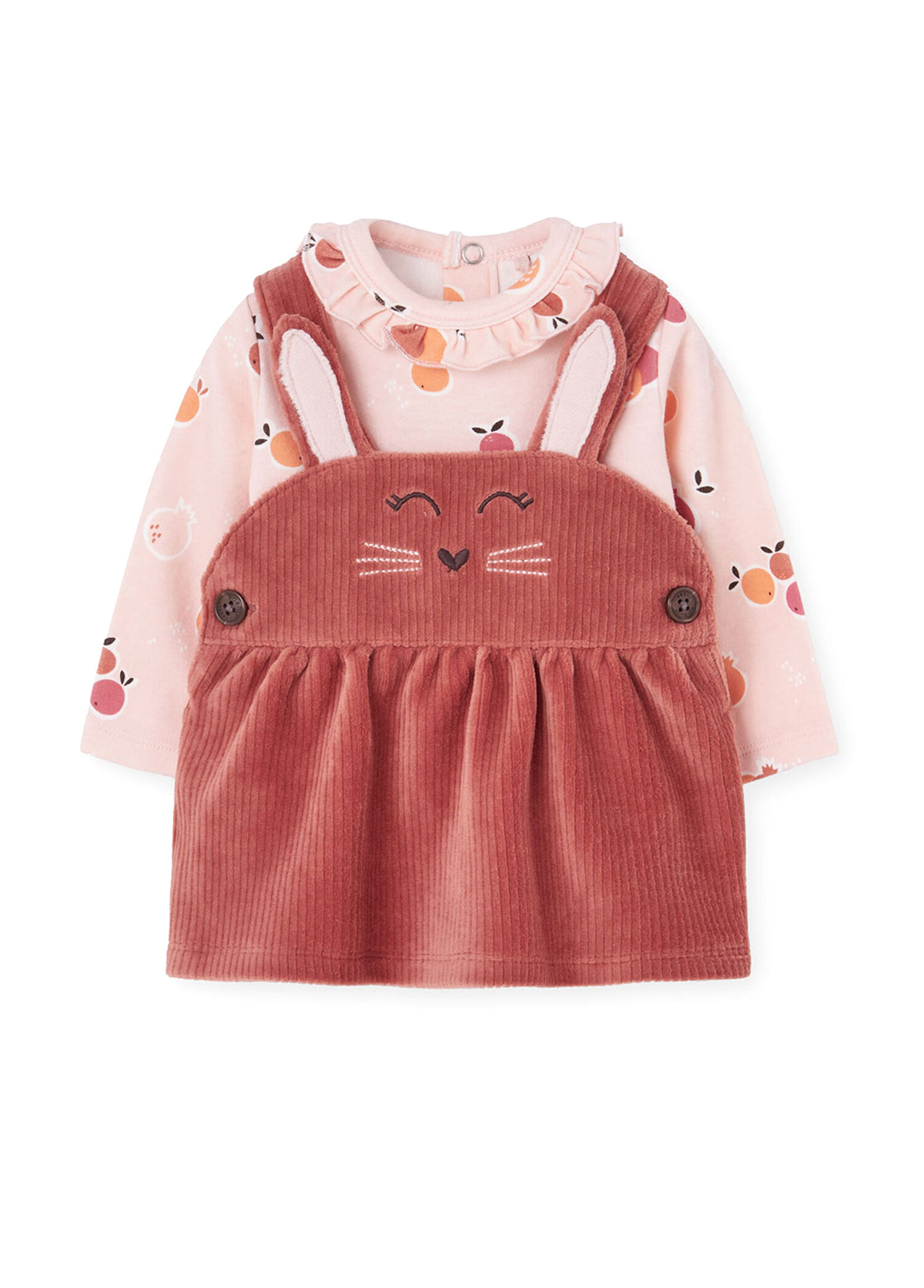 Tavşan Nakışlı Pembe Çıtçıtlı Bluz ve Salopet Kız Bebek 2'li Set