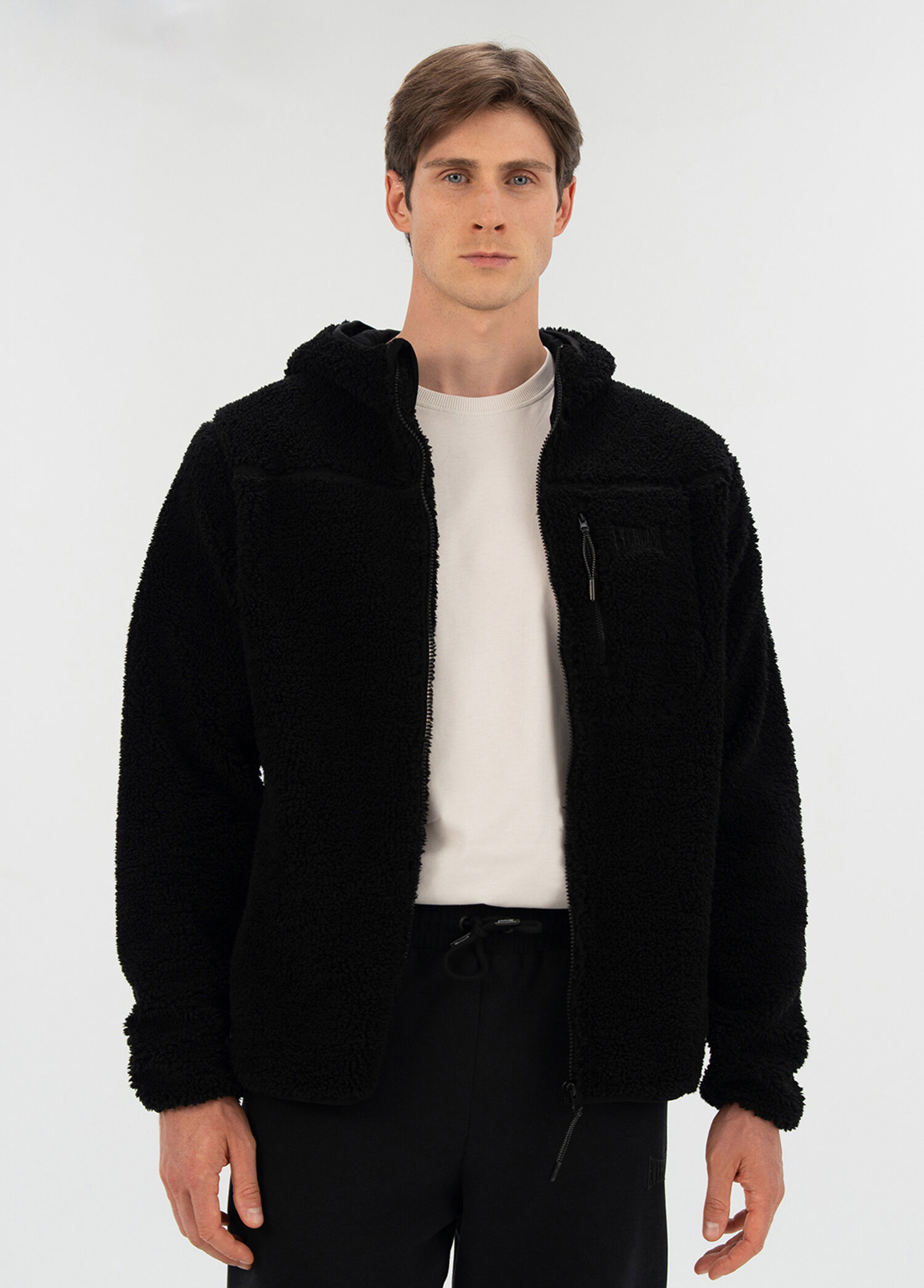 Winter Essentials Siyah Fermuarlı Kapüşonlu Erkek Sherpa Sweatshirt