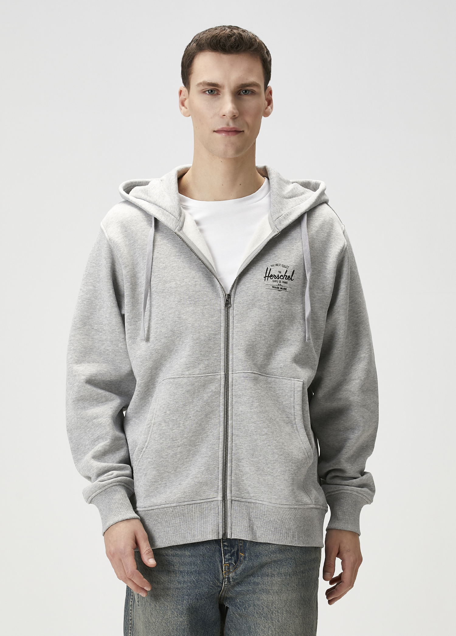 Basic Zip Gri Kapüşonlu Sweatshirt