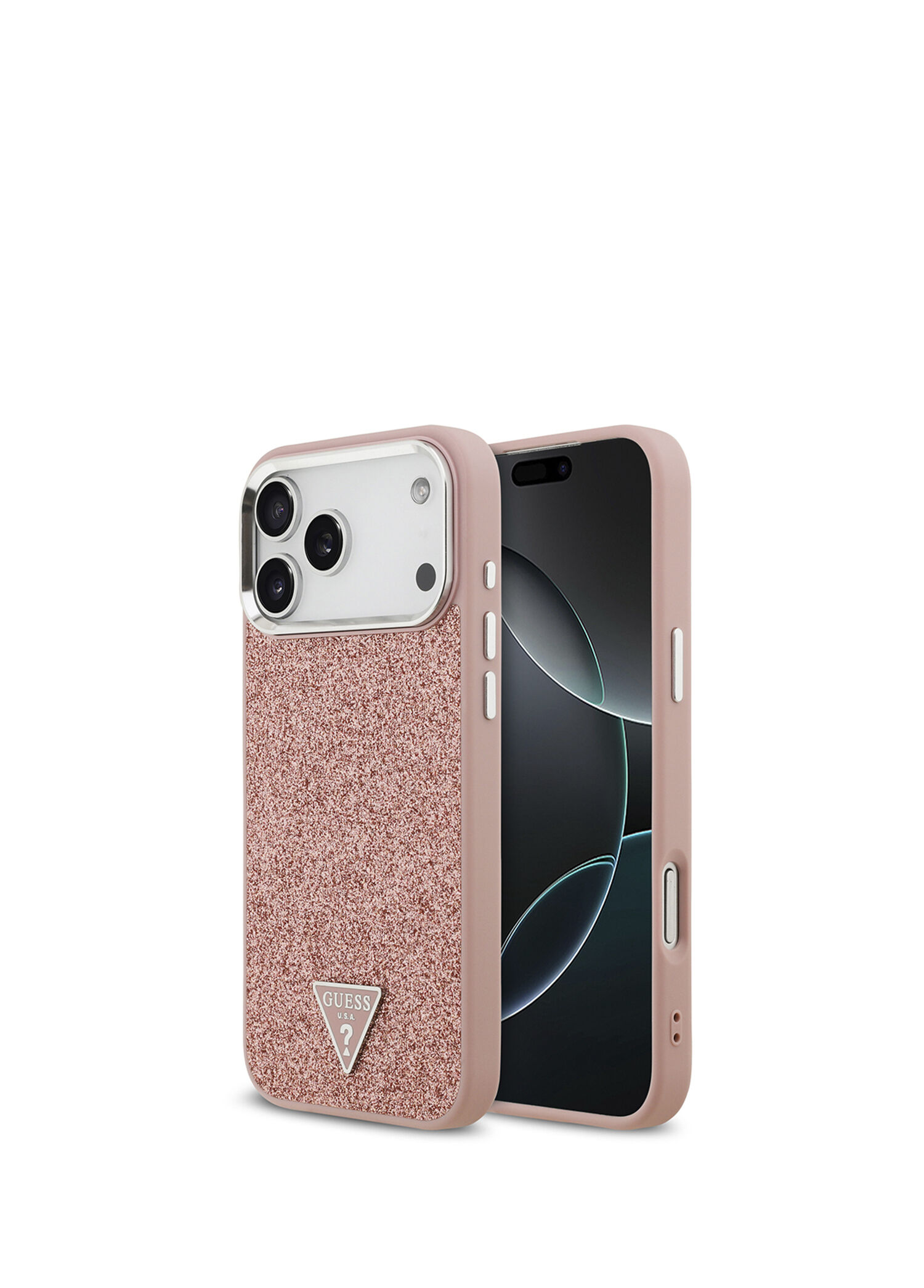 iPhone 17 Pro Max Metal Kamera Çerçeveli Üçgen Logolu Glitter Pembe Magsafe Uyumlu Telefon Kılıfı