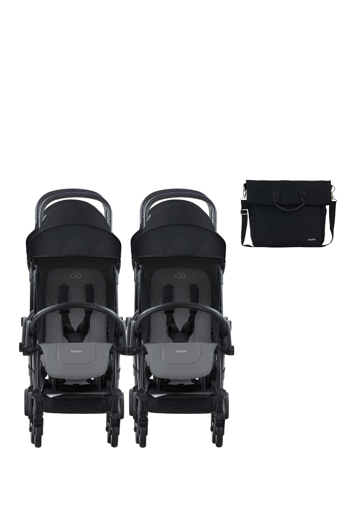 Connect³ Black Grey Melange İkiz Bebek Arabası ve Hediye Yan Bakım Çantası