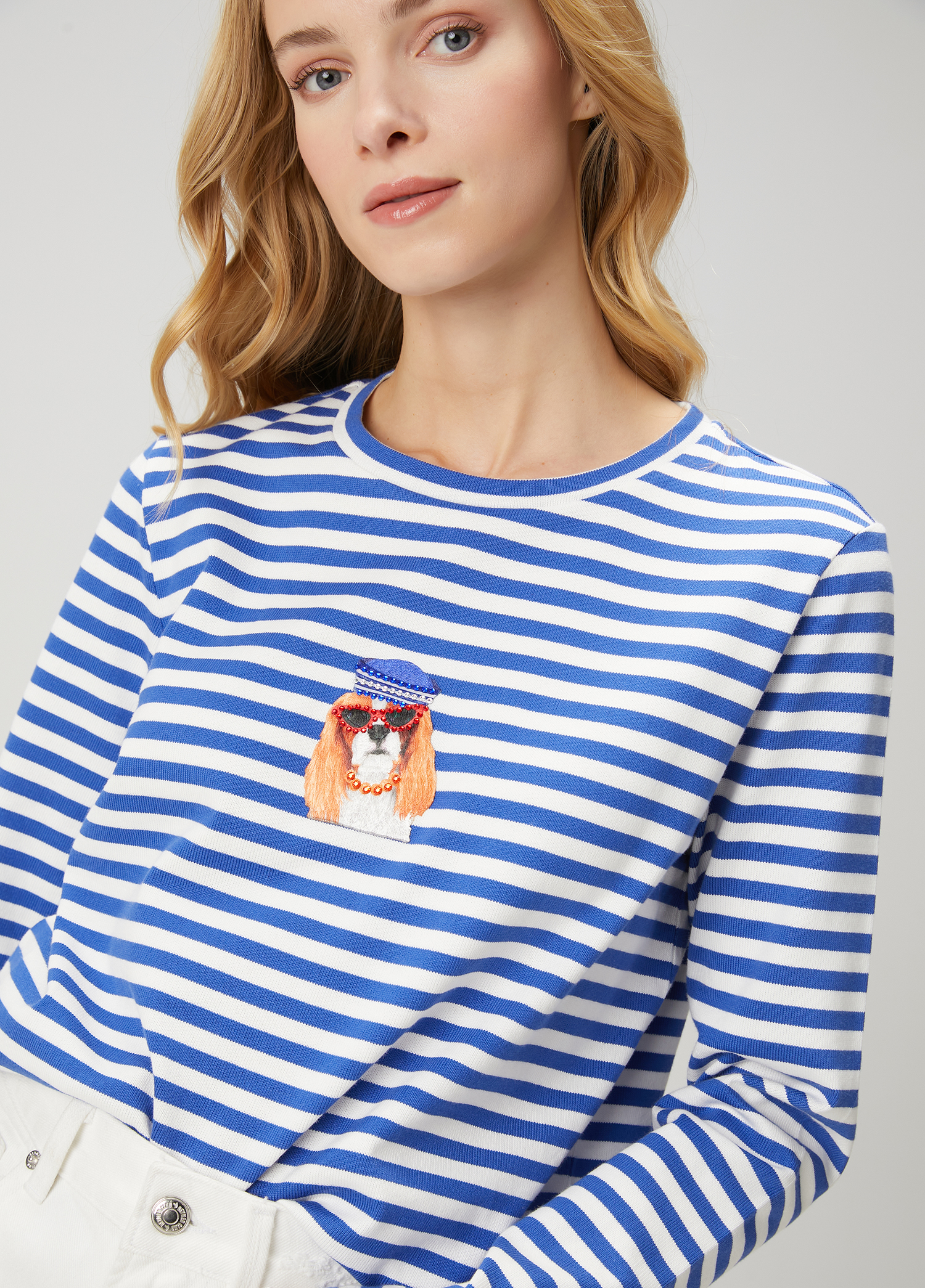 Mavi Çizgili Köpek Baskılı Sweatshirt_1