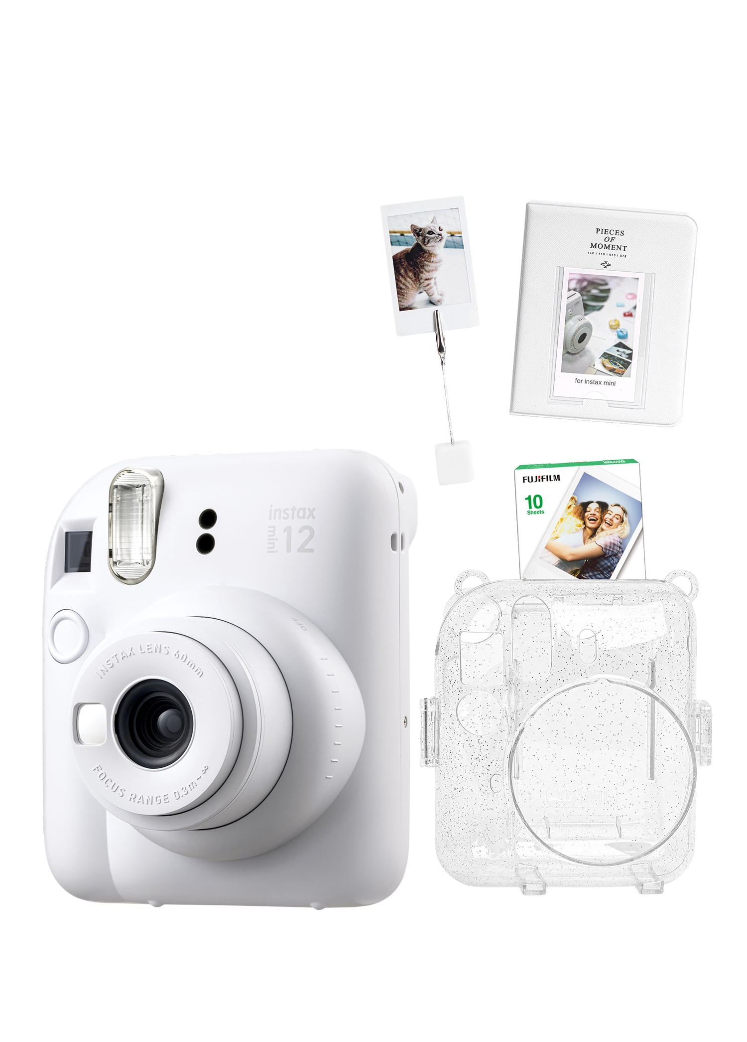 Instax Mini 12 Beyaz Fotoğraf Makinesi +10'lu Film Kıskaçlı Stand PVC Albüm ve Simli Pleksi Kılıf Seti