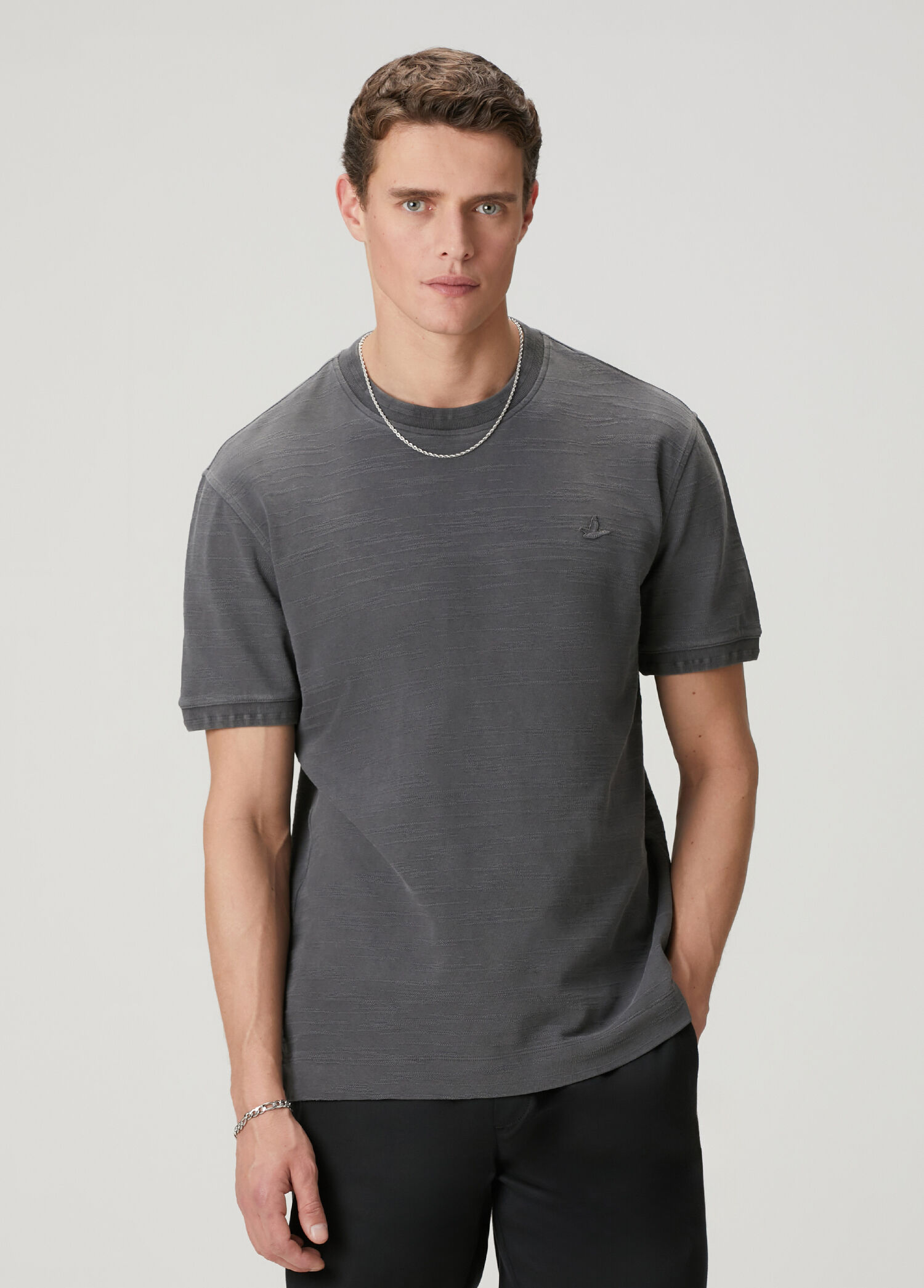 Antrasit Parça Boya Relax Fit Flamlı T-shirt