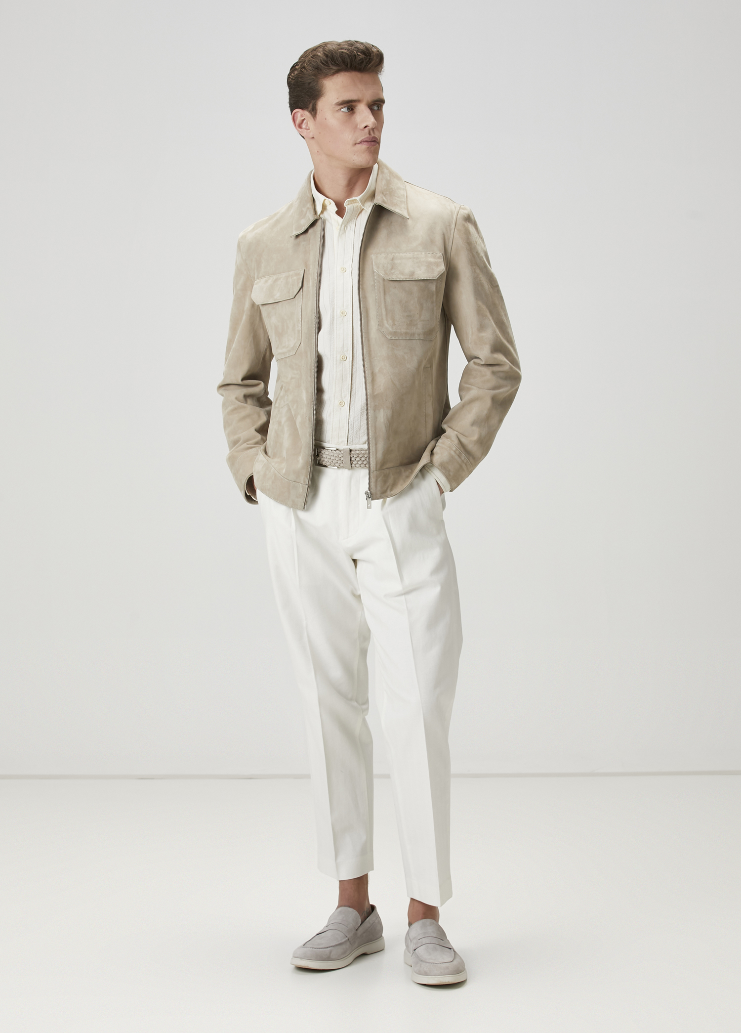 Slim Fit Krem Çizgili Gömlek_2