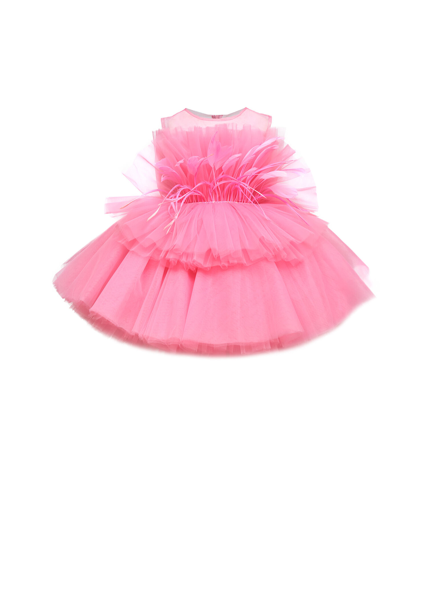 Pembe Sıfır Kol Tül Detaylı Barbie Kız Çocuk Elbise