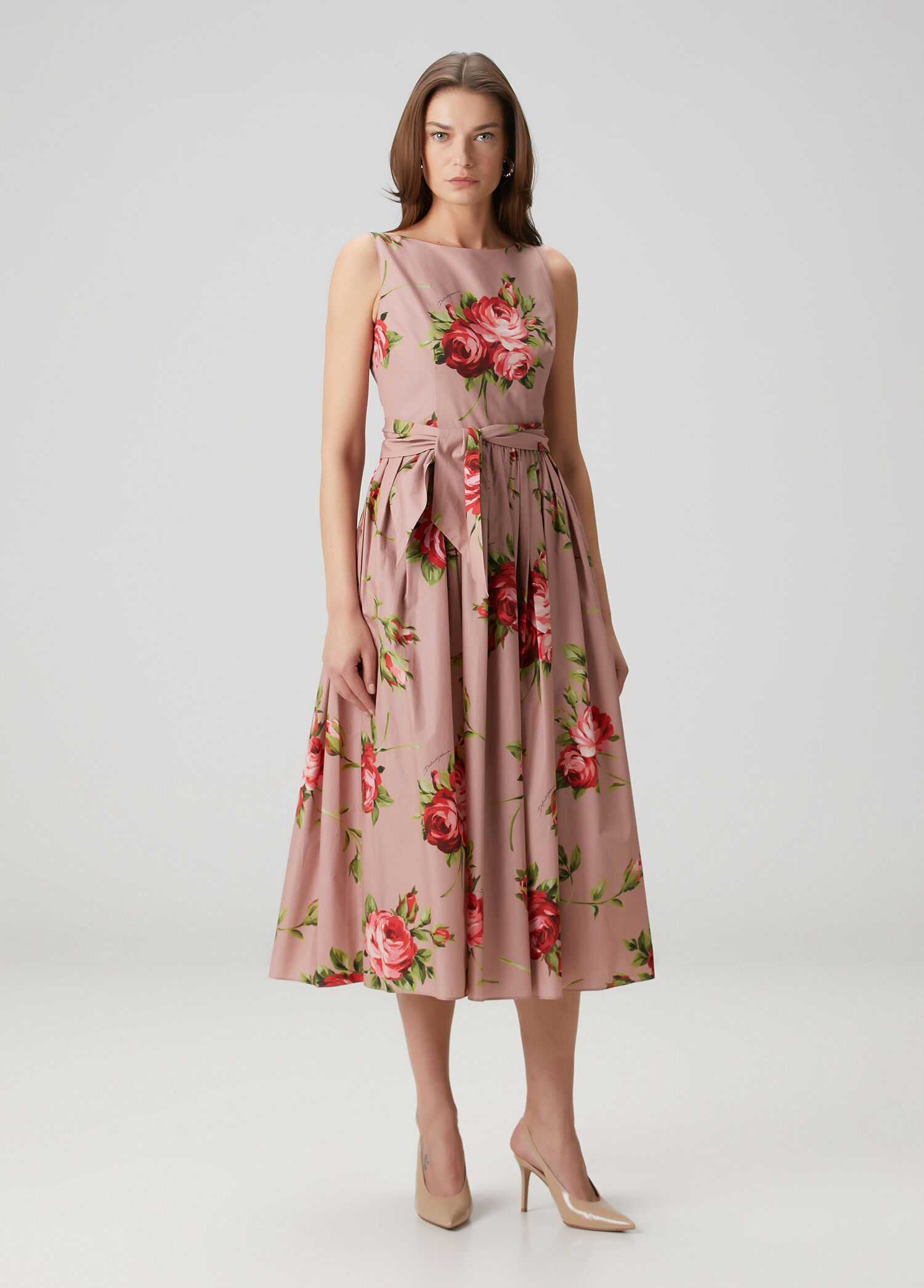 Dolce&Gabbana Kırmızı-Siyah Kadın Pembe Çiçekli Midi Elbise