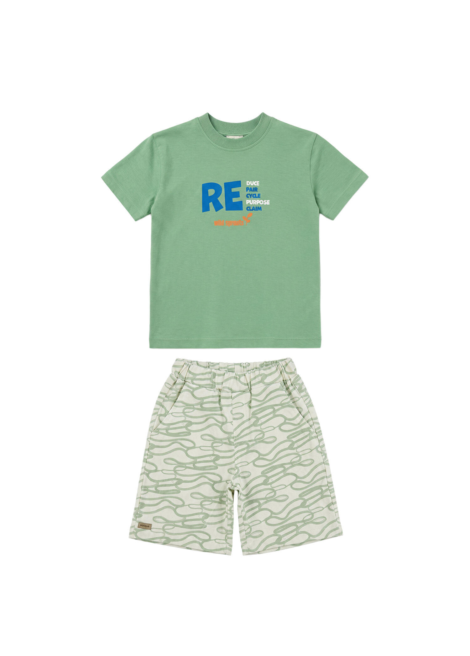 P Patique Kids Yesil Baskili Kisa Kollu T Shirt Ve Desenli Sort Erkek Cocuk 2Li Set