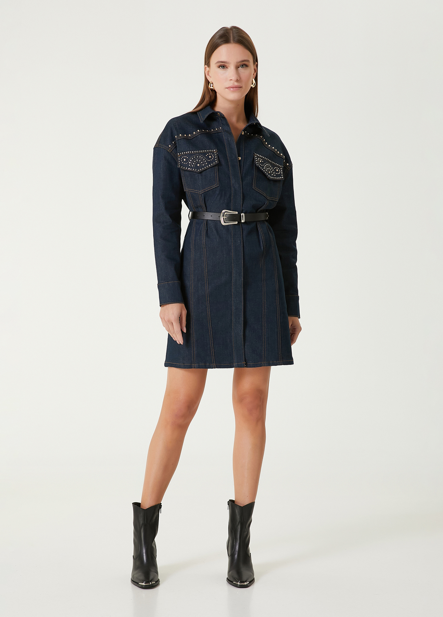 Lacivert Mini Denim Elbise