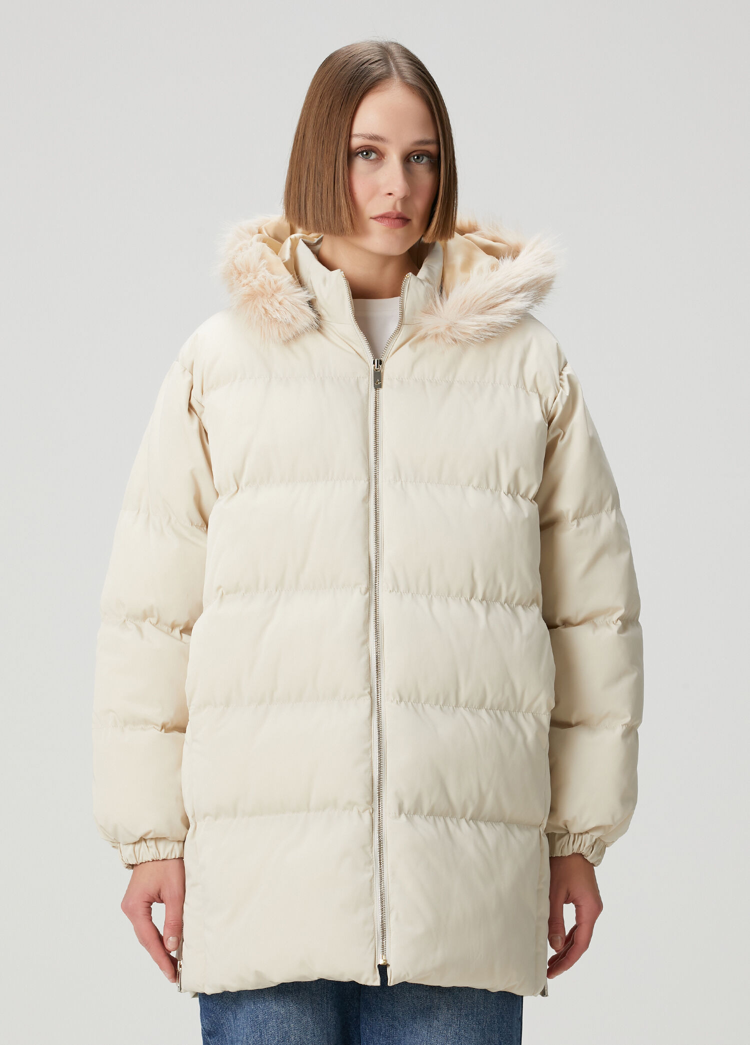 Bej Kapüşonlu Puffer Mont