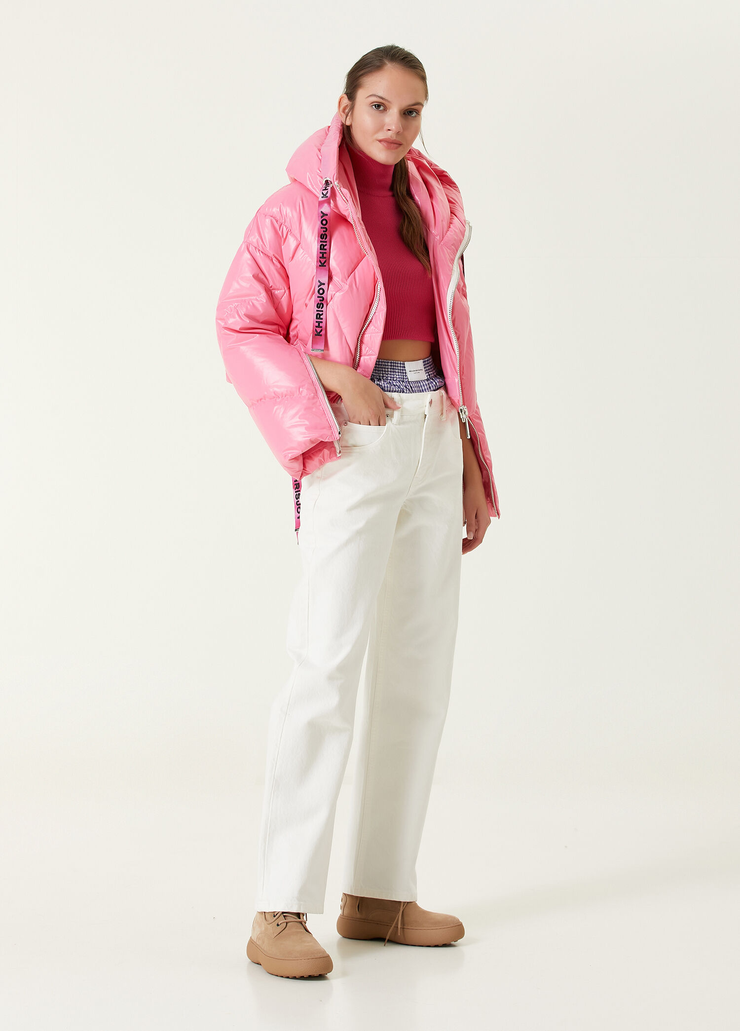 Khrisjoy - Pembe Kapüşonlu Crop Puff Mont - Pembe