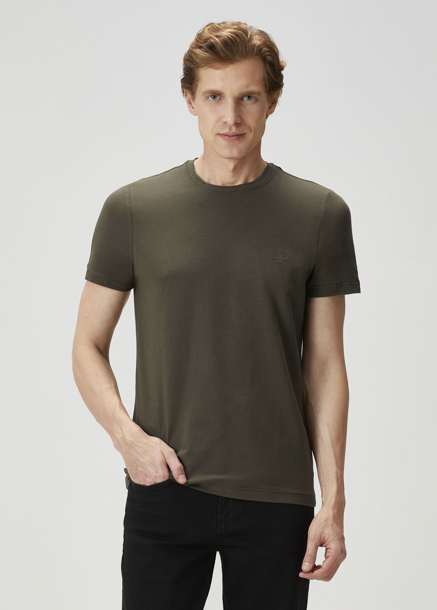 Regular Fit Haki Elastanlı Basic T-shirt