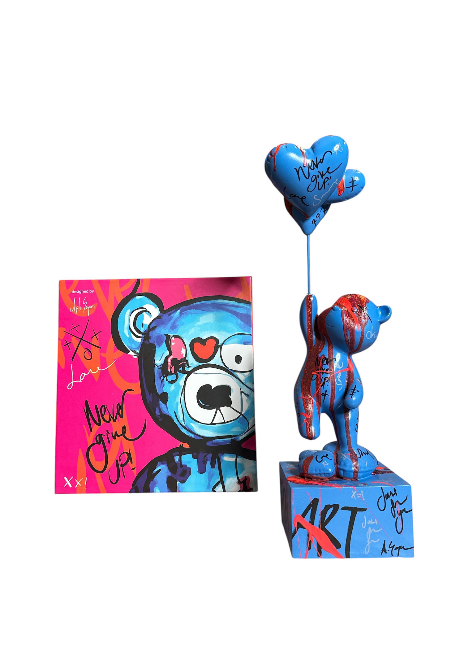 Ayakta Duran Balonlu Ayıcık Pop Art Mavi Dekoratif Heykel