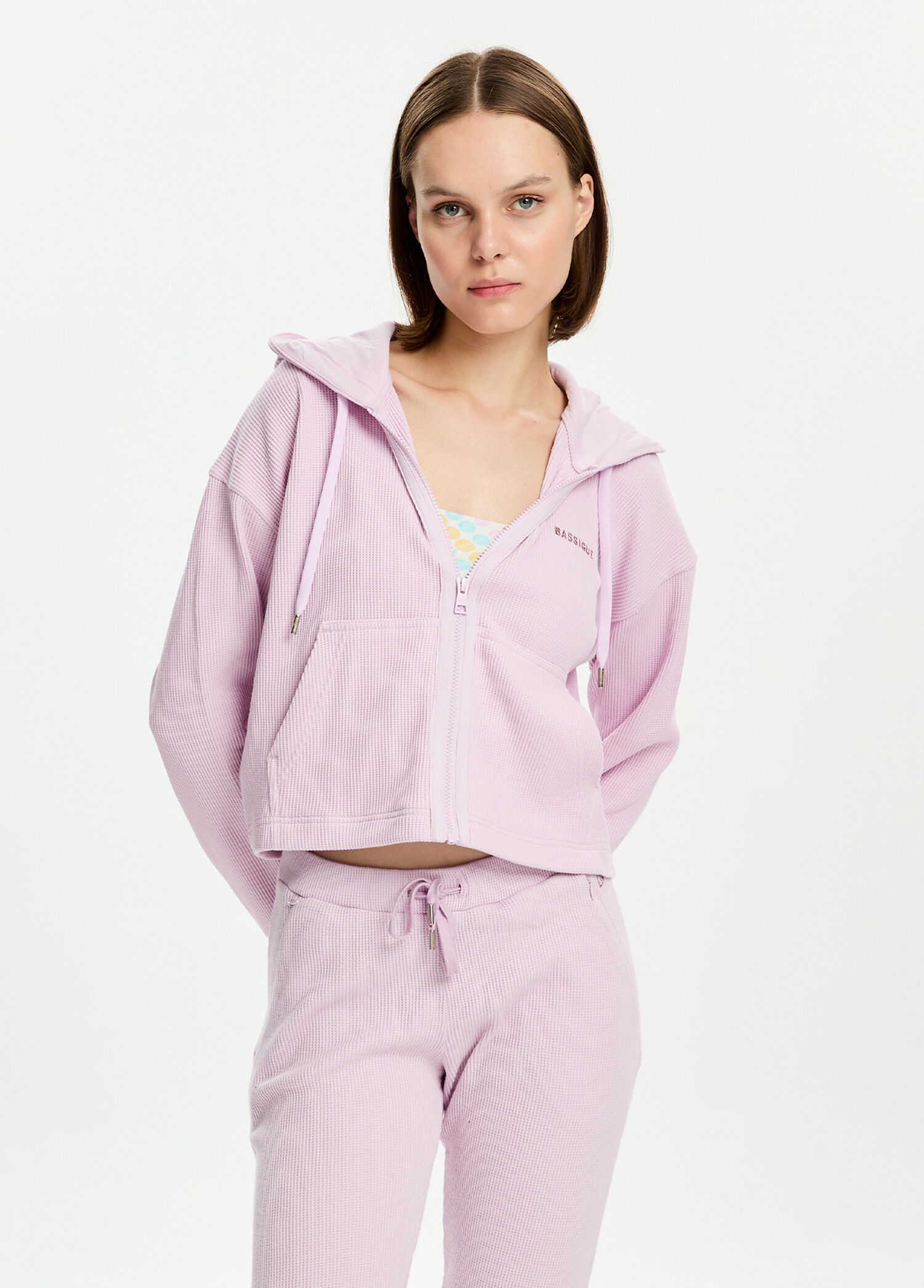 Pembe Waffle Fermuarlı Kadın Sweatshirt