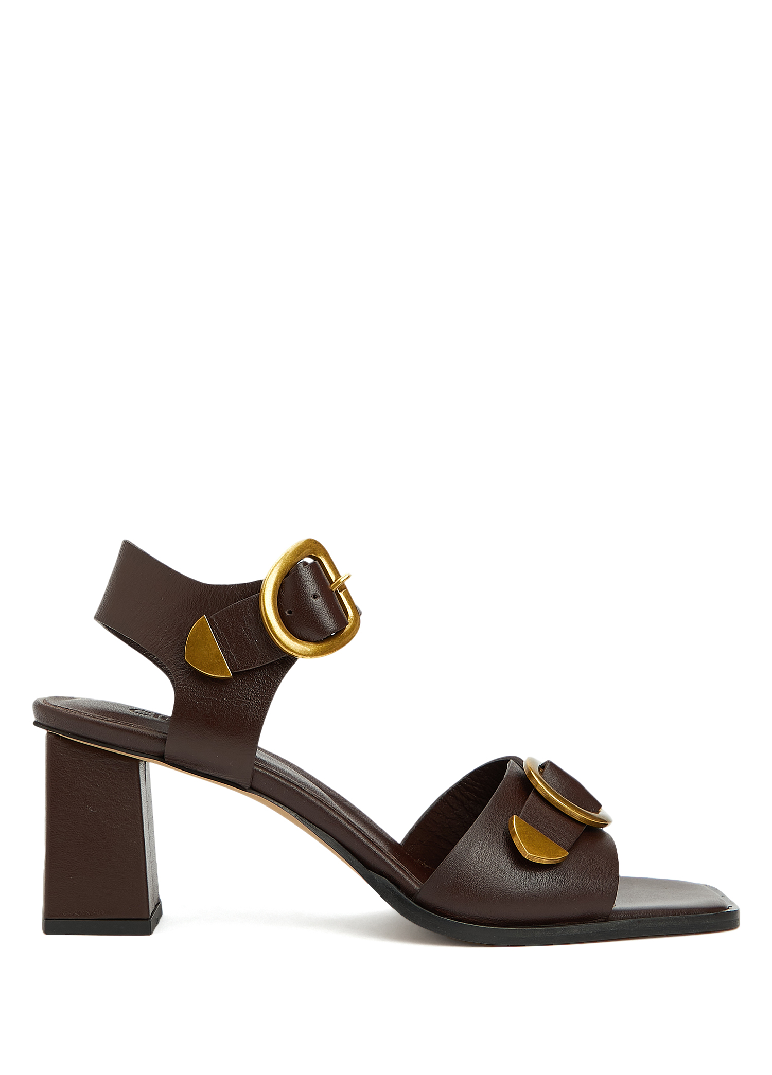 Brown Amorphous Buckles Heeled Leather Sandals