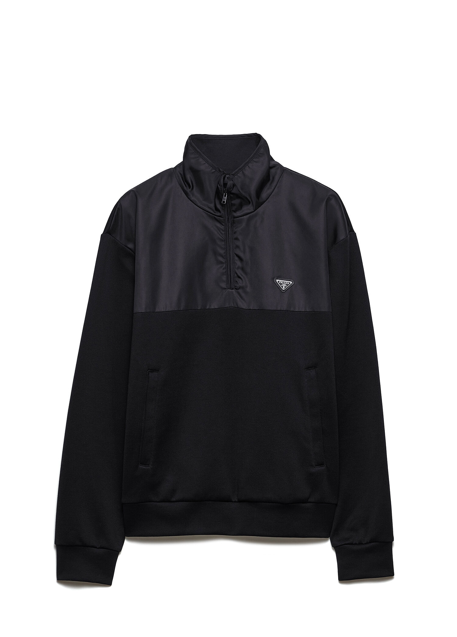 Siyah Re-Nylon Detaylı ve Yarım Fermuarlı Pamuk Polar Erkek Sweatshirt