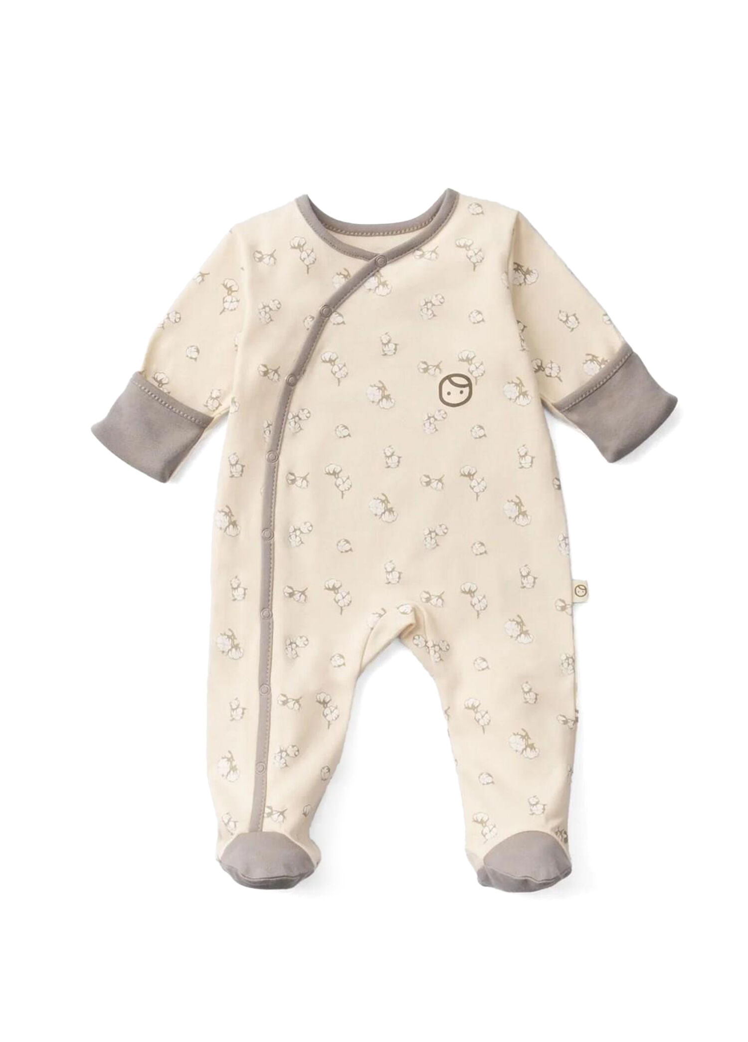 Açık Bej Organik Pamuk Desenli Eldivenli Patikli Unisex Bebek Tulum