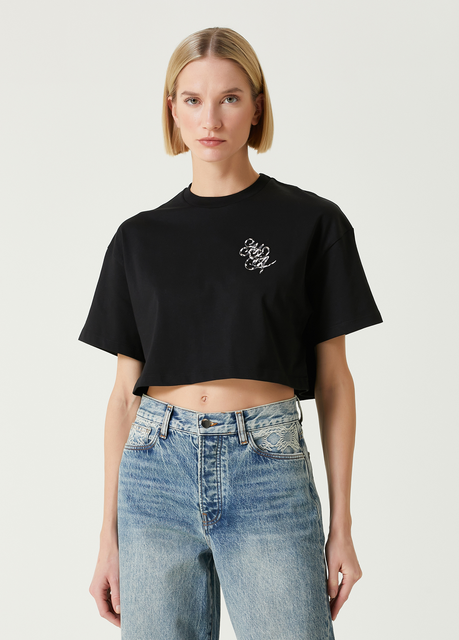 Swirl Leopard Siyah Logolu Crop T-shirt