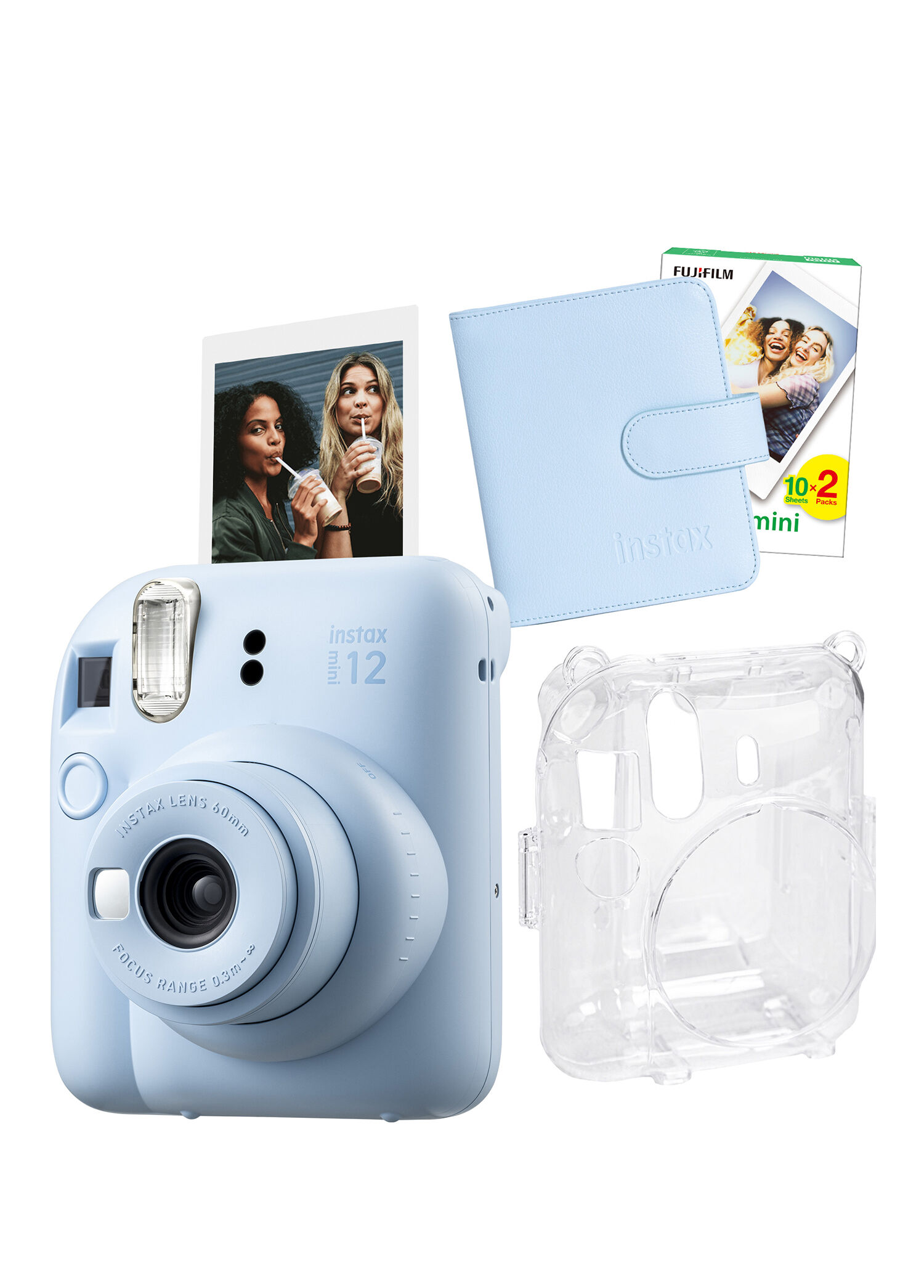 Instax mini 12 Mavi Fotoğraf Makinesi + 20'li Film Kare Albüm ve Şeffaf Kılıf Seti