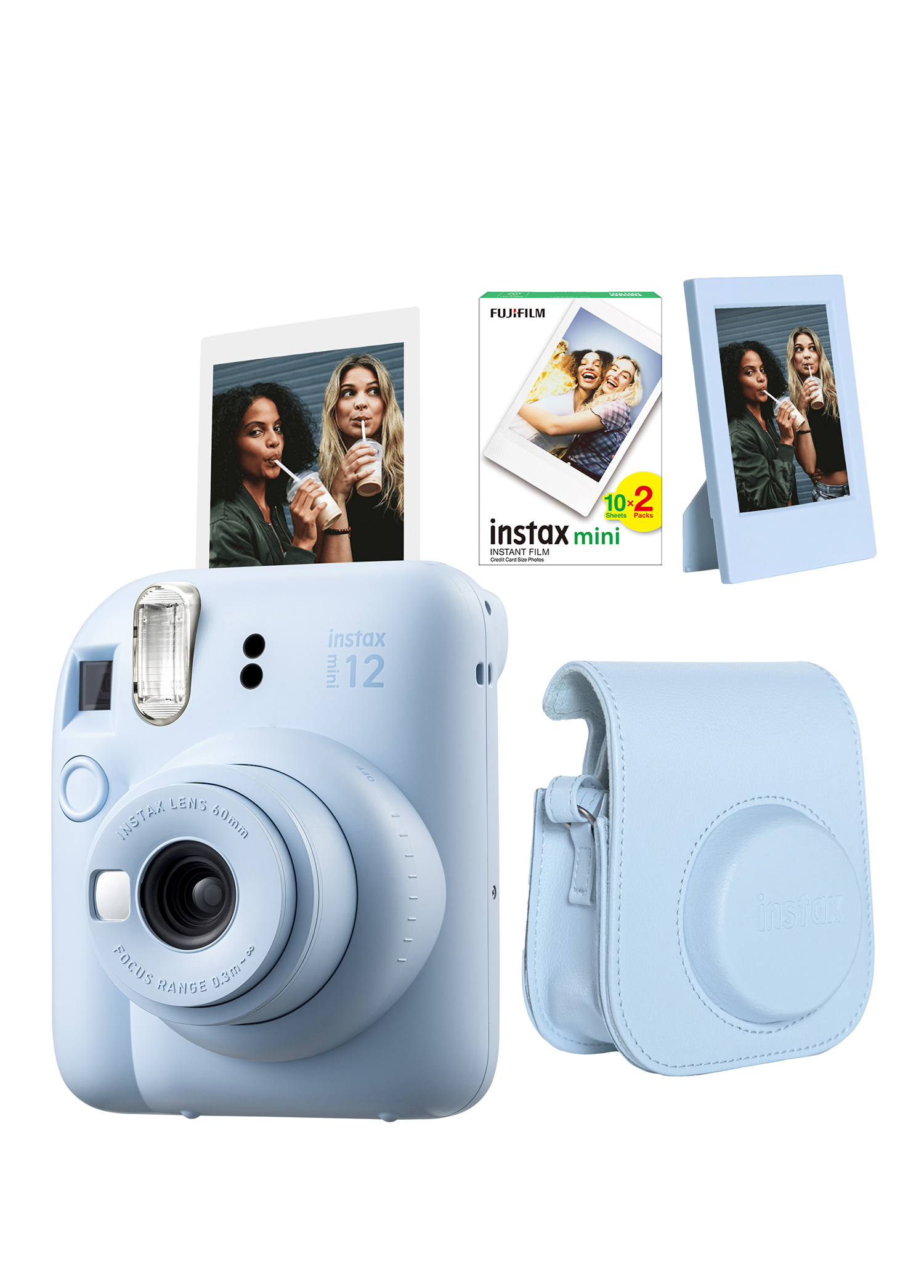 Instax Mini 12 Mavi Fotoğraf Makinesi + 20'li Film Çerçeve ve Deri Kılıf Seti