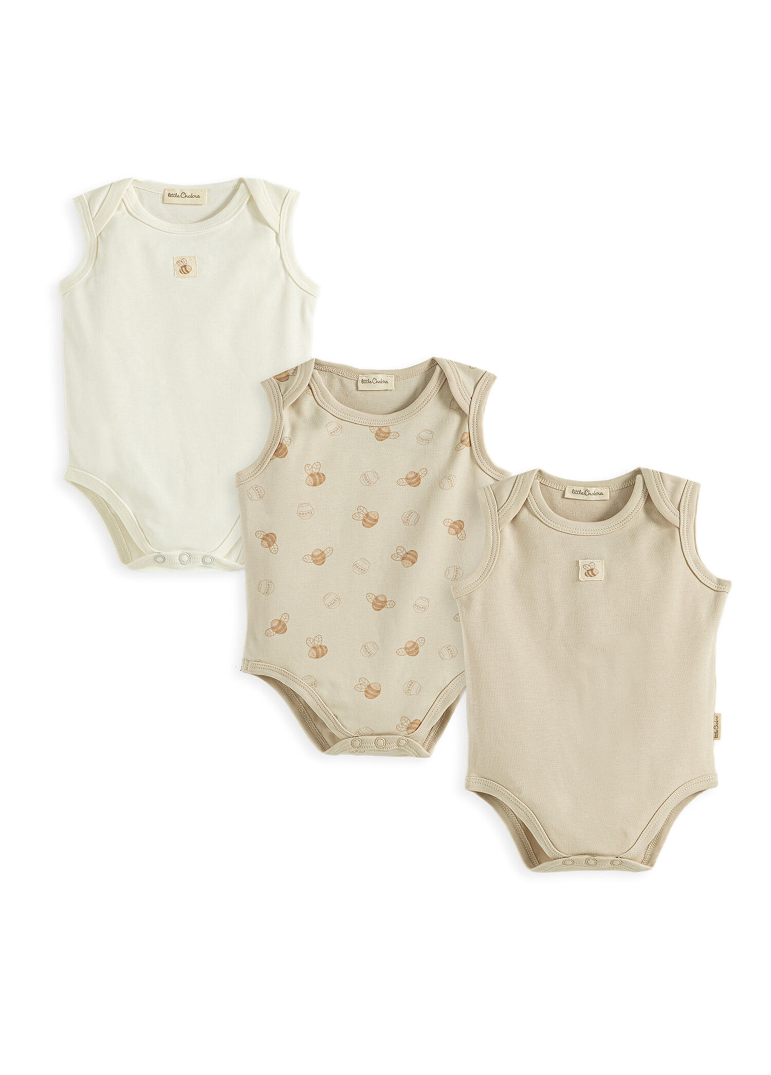 Happy Bee Taş Ekru Kolsuz Unisex Bebek 3'lü Body Seti