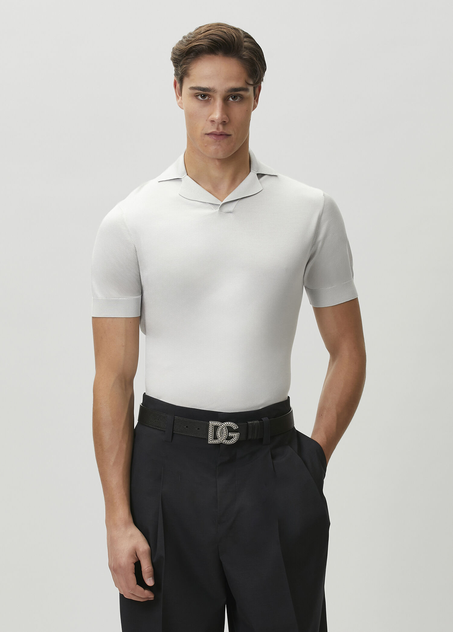 Grey Polo Short Sleeve Silk Sweater