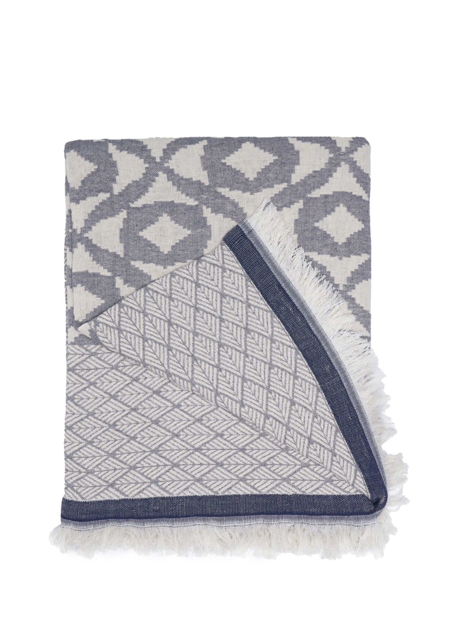 Positano Gri Lacivert Jakarlı Pamuk Throw Koltuk Örtüsü 140x195 cm