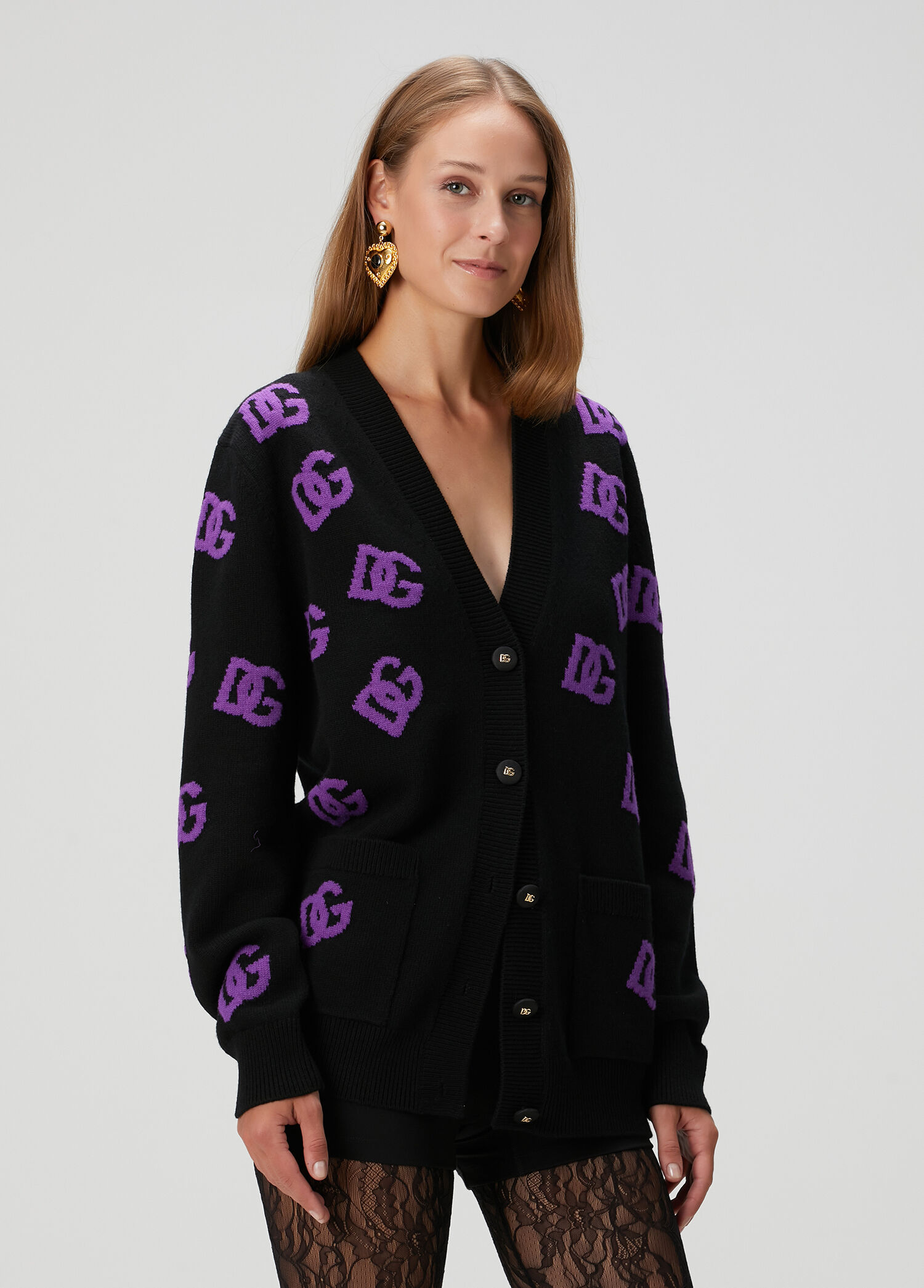 Dolce&Gabbana - Siyah Mor Logo Jakarlı Yün Hırka - Siyah