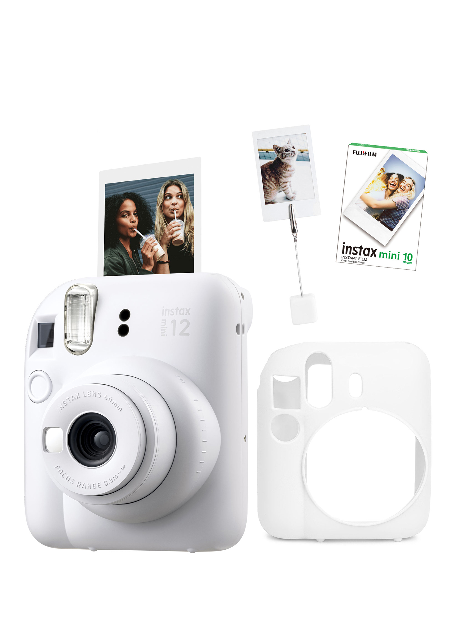 Instax Mini 12 Beyaz Fotoğraf Makinesi + 10'lu Film Kıskaçlı Resim Standı ve Silikon Kılıf Seti