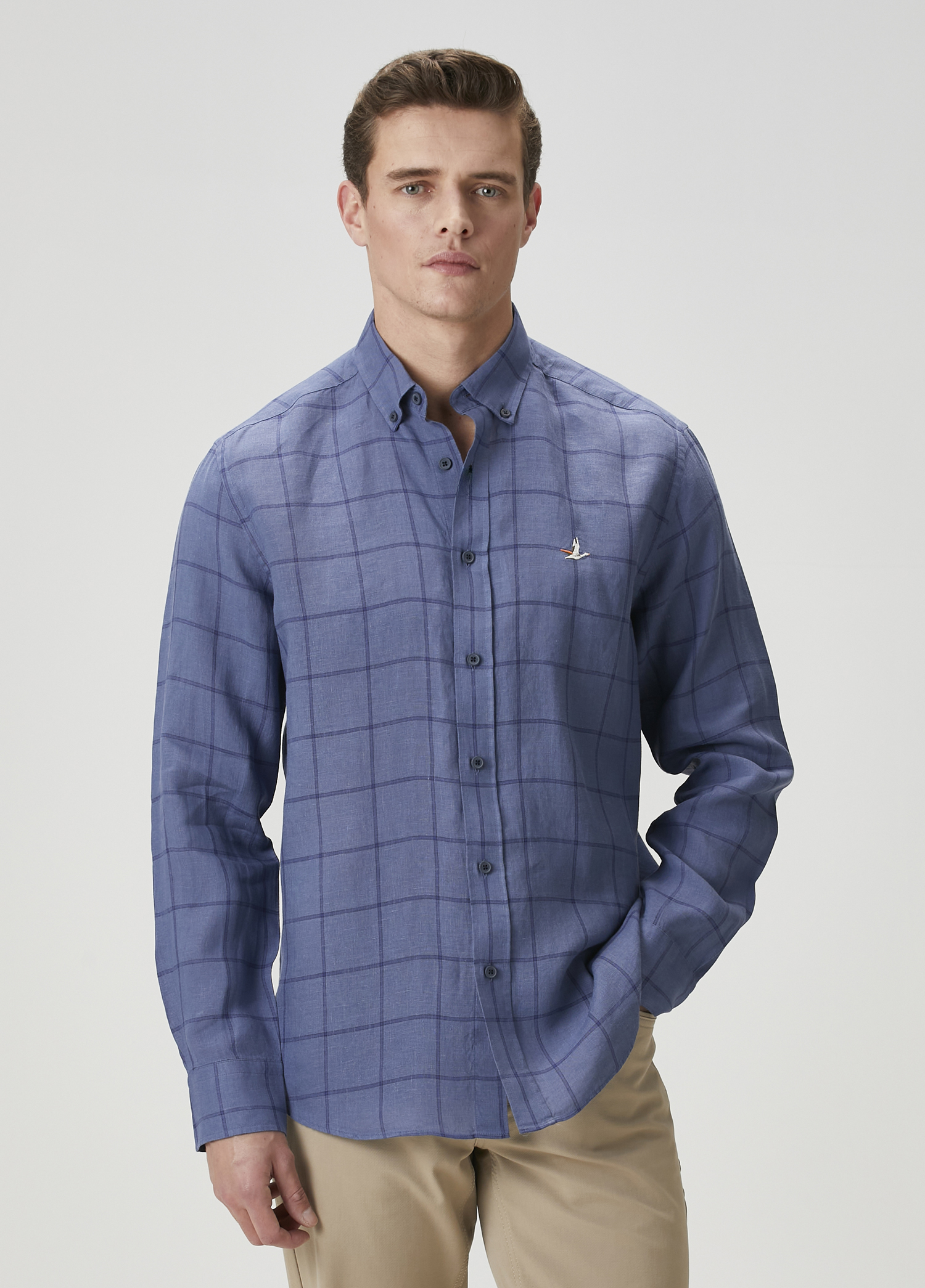 Comfort Fit Indigo Ekose Desenli Keten Gömlek_1