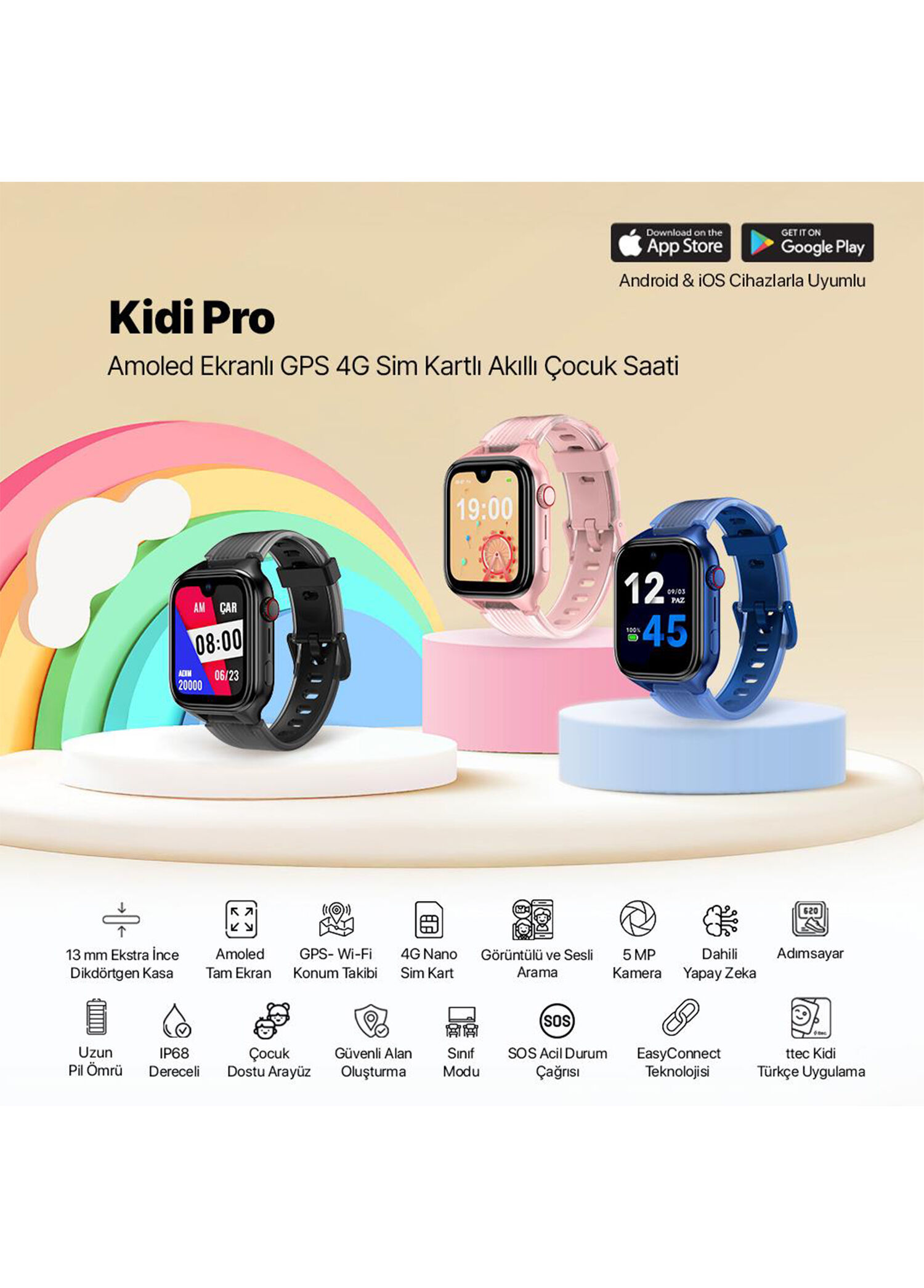 T.kid Ttec - Kidi Pro Amoled Ekranlı GPS Okyanus Laciverti 4G Sim Kartlı