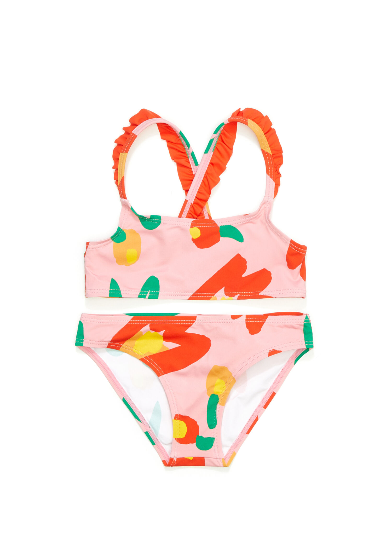 Pembe Kırmızı Baskılı Kız Çocuk Bikini Takımı