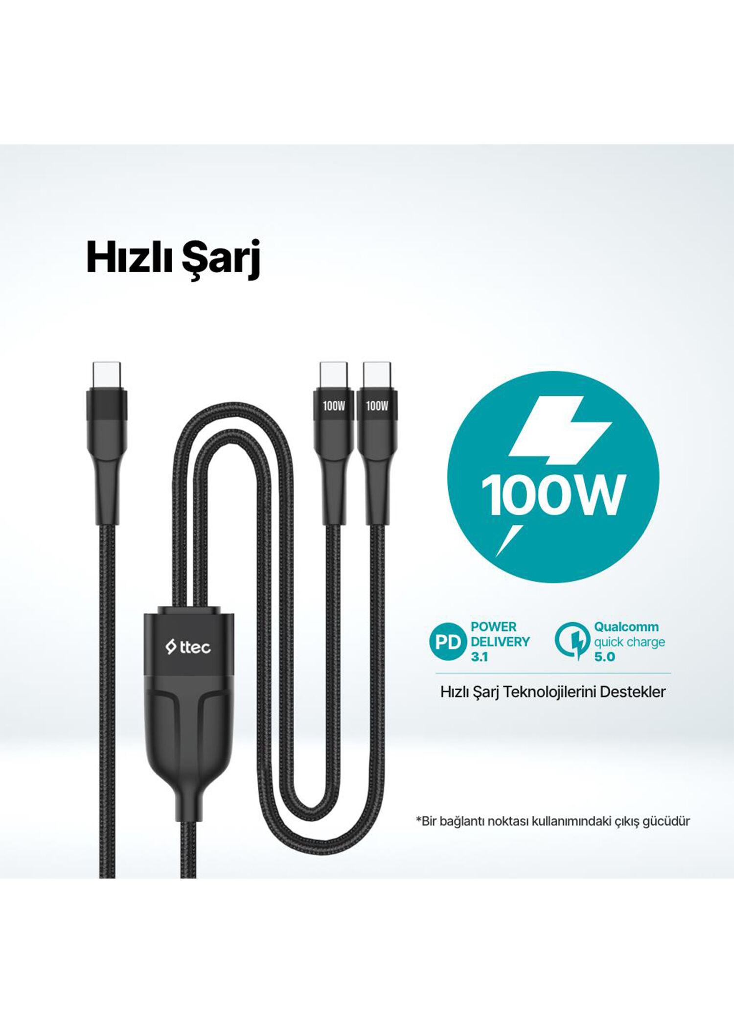 Ttec - AlumiCable Duo USB-C – 2* USB-C 100W Hızlı Şarj Kablosu