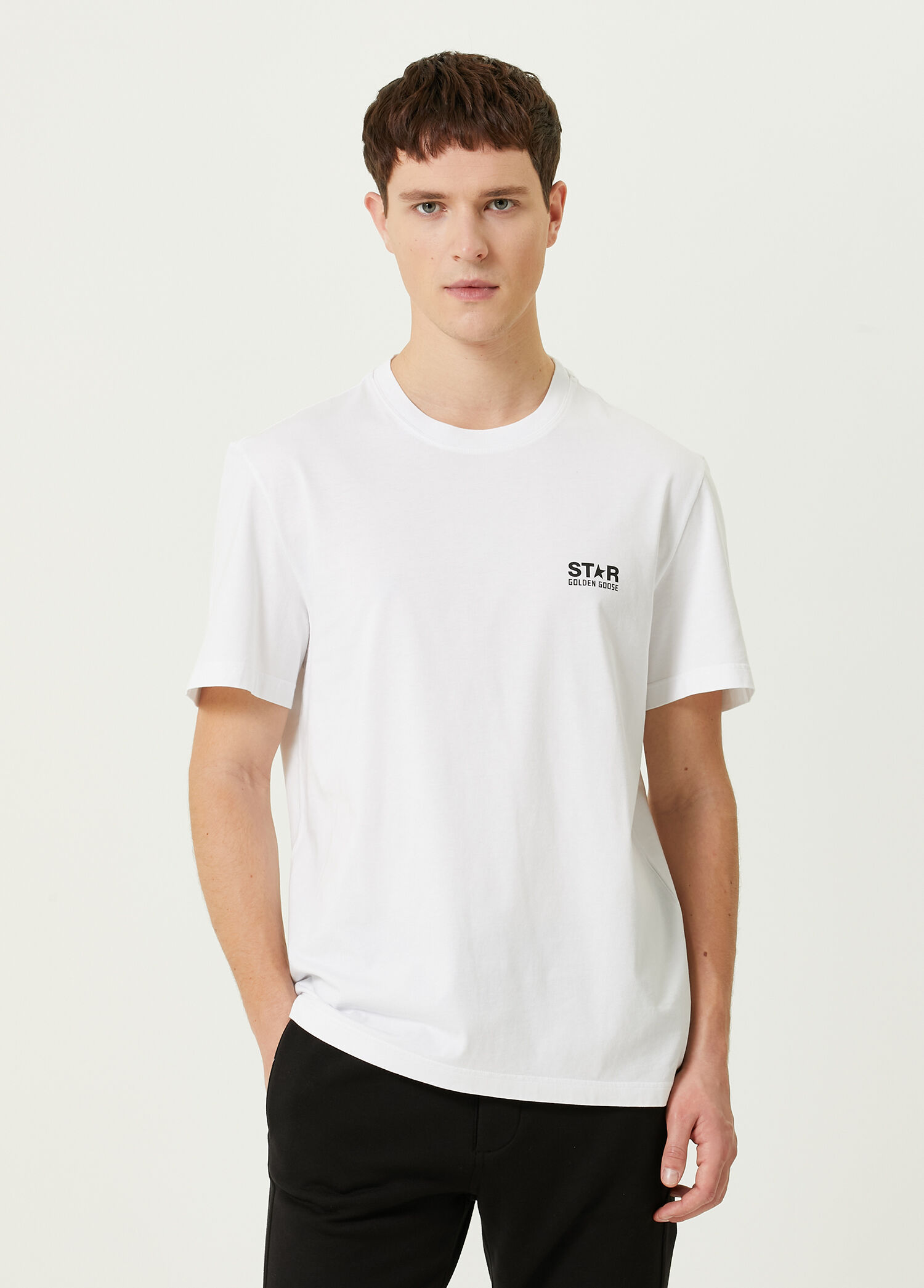 Golden Goose Beyaz Erkek Beyaz Bisiklet Yaka Logolu T-shirt