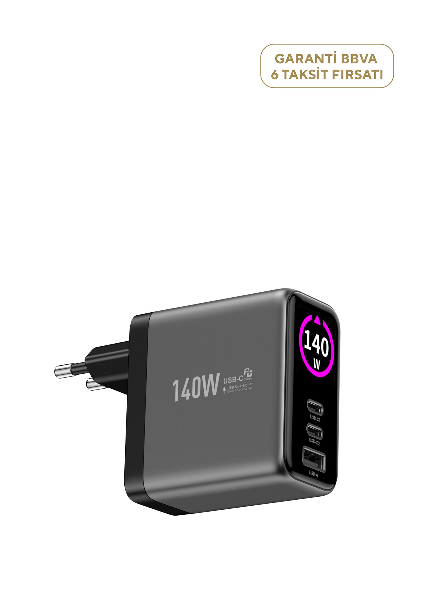 X6415 140W GaN 2x USB-C ve USB-A Çıkışı PD PPS Dijital Ekran Hızlı Şarj Adaptörü