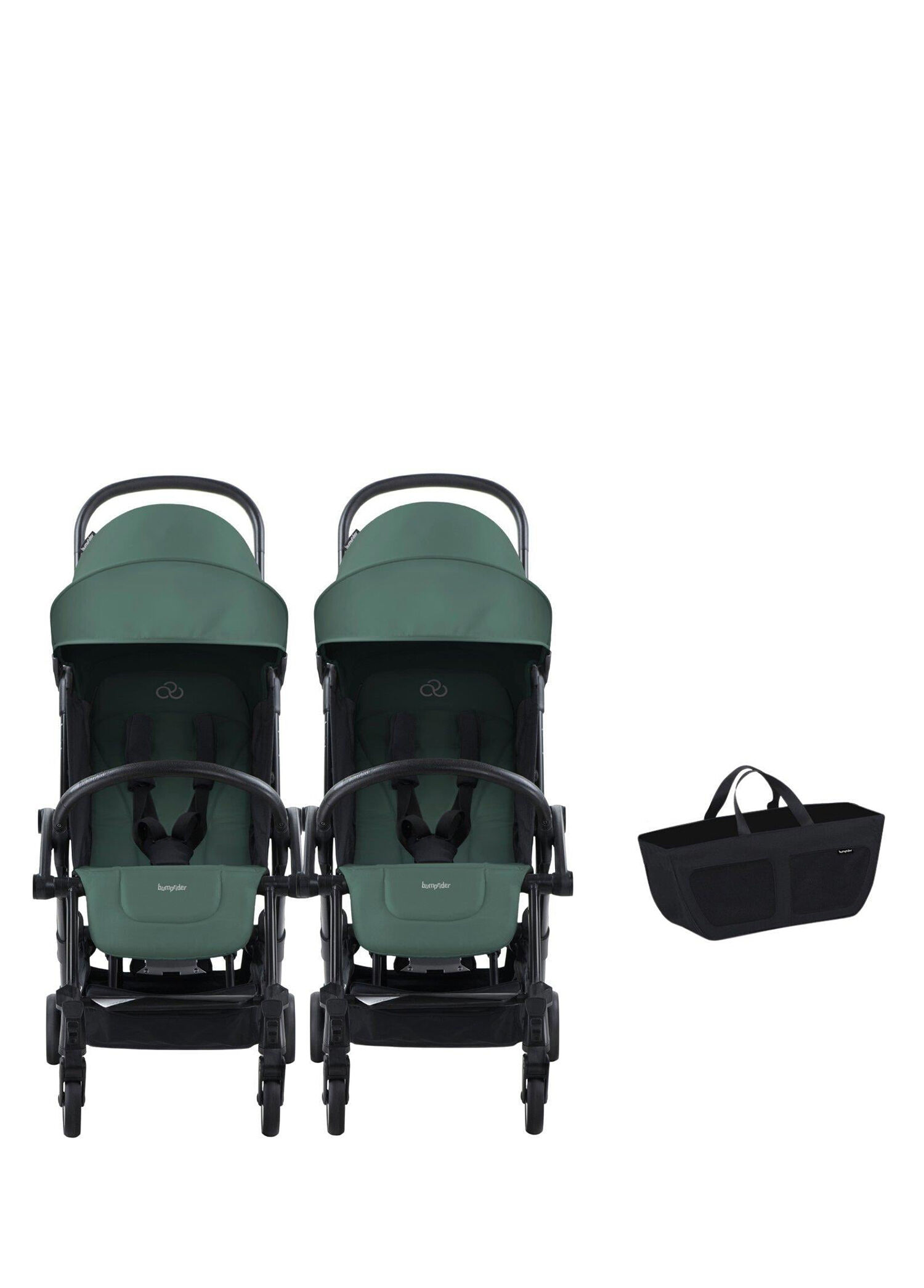 Connect³ Black Olive İkiz Bebek Arabası ve Yan Düzenleyici Çanta