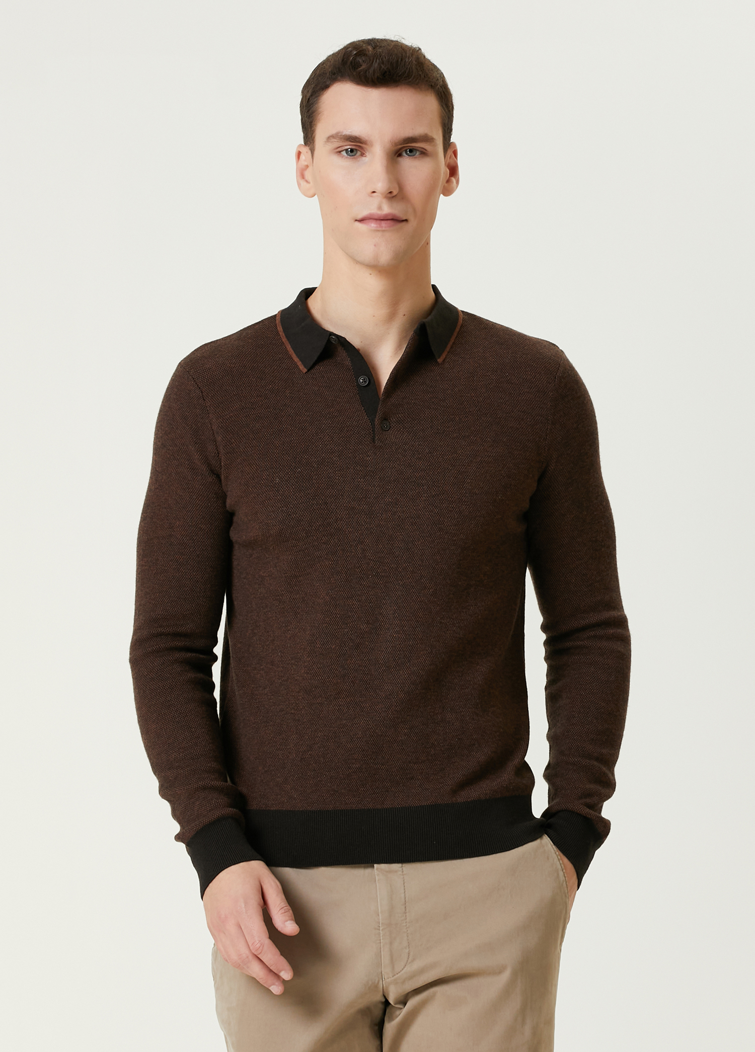 Kahverengi Polo Yaka Yün Sweatshirt